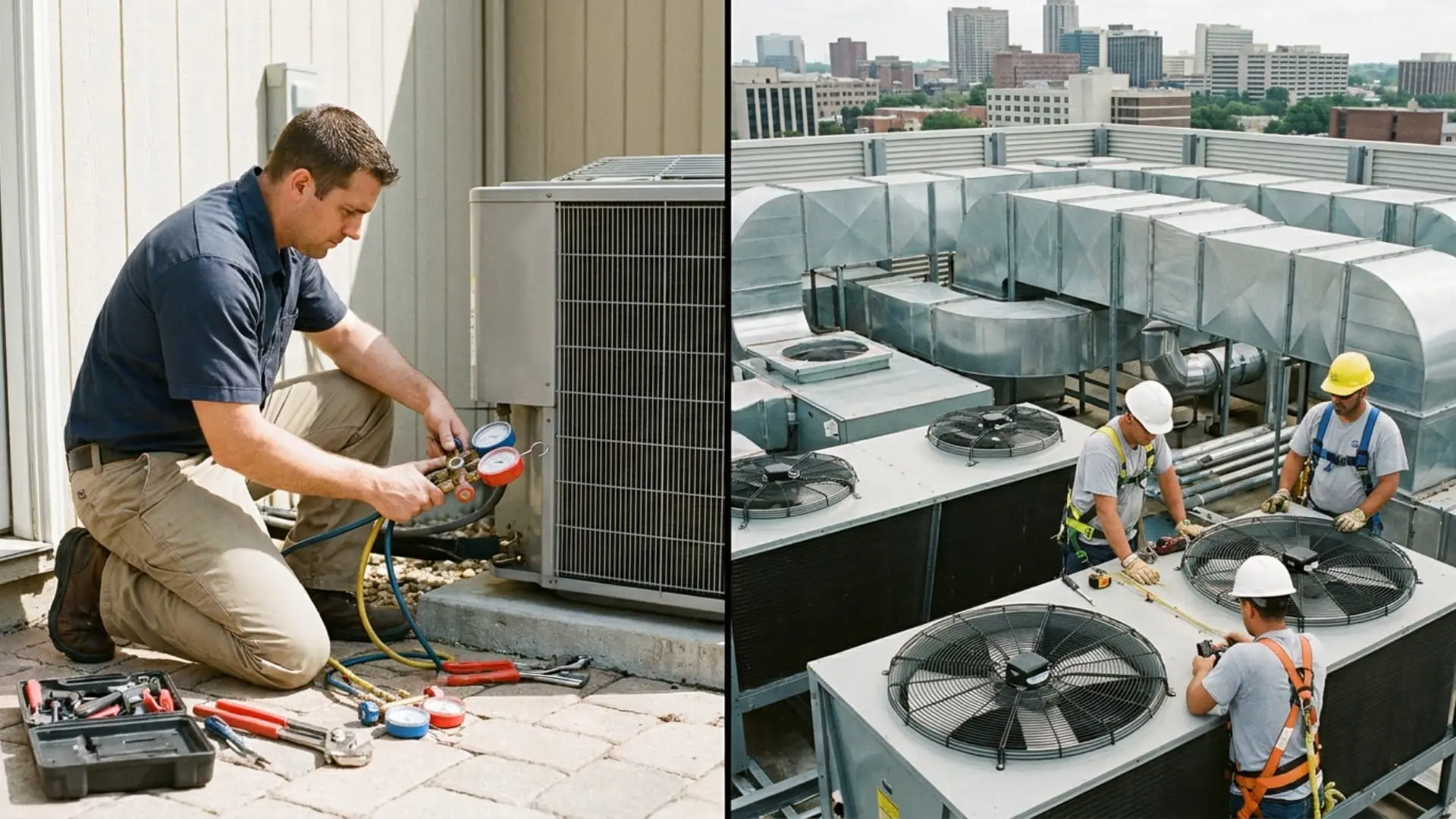 hvac technicians servicing residential and commercial air-conditioning units on rooftops.