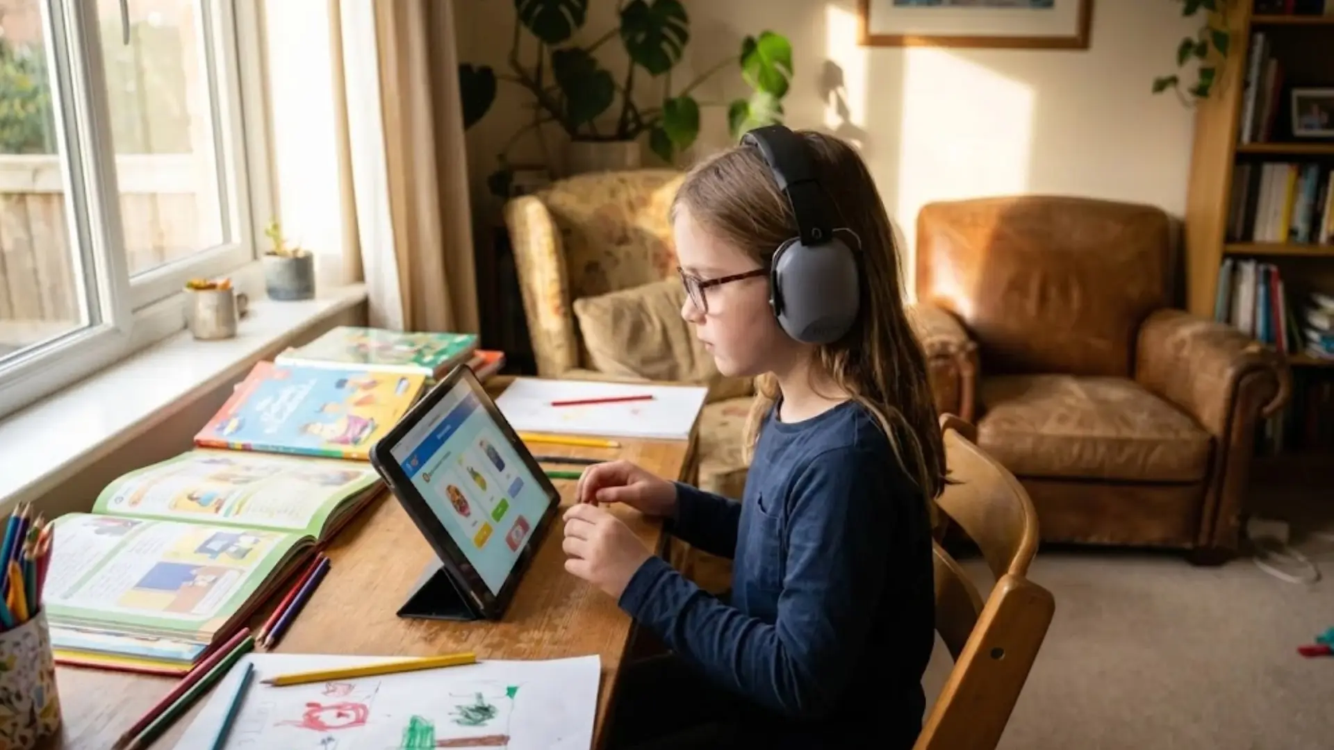 child using a tablet for homeschooling with books and learning materials on a desk at home