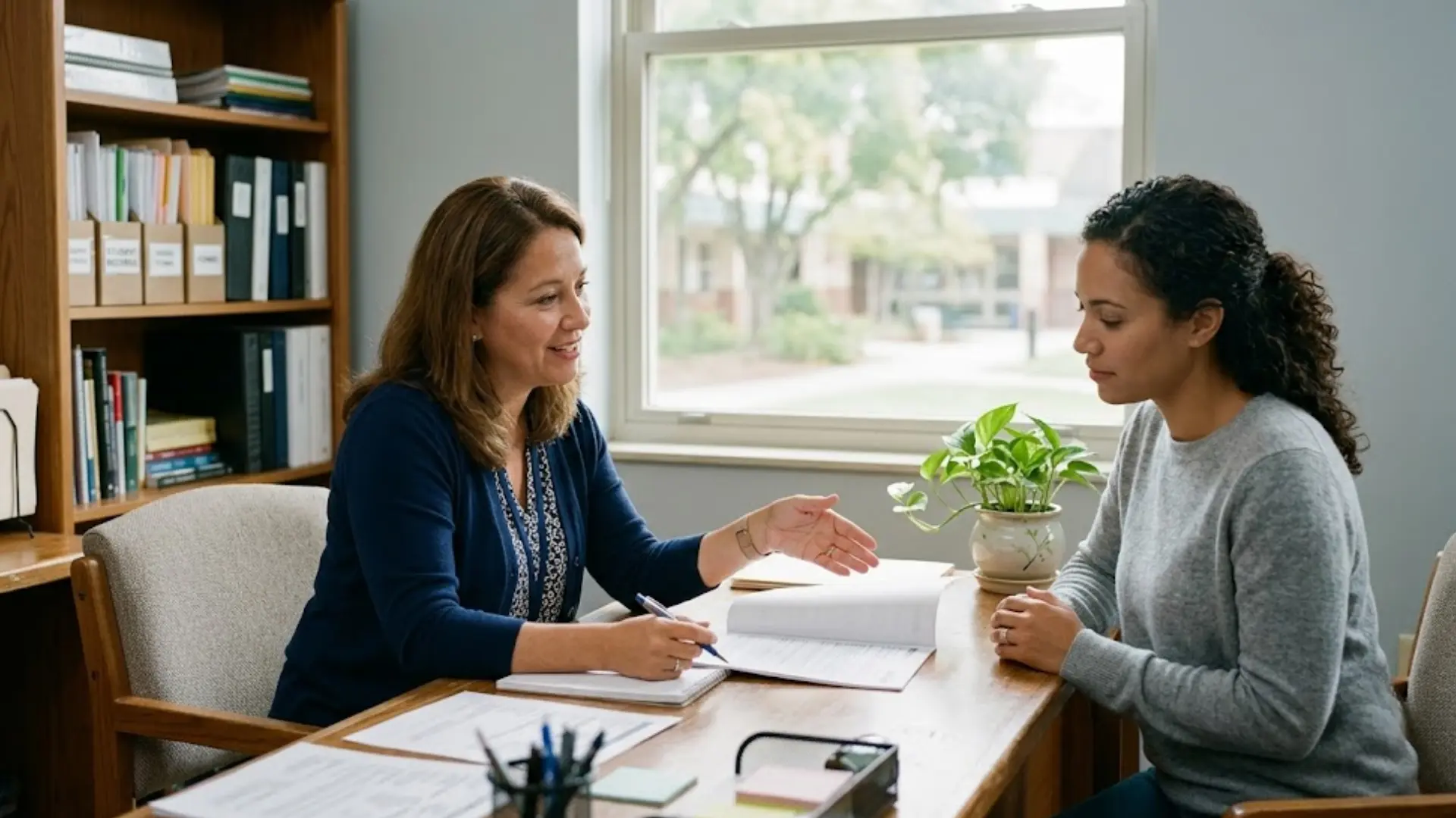 school advisor discussing withdrawal paperwork with a student across a wooden office desk