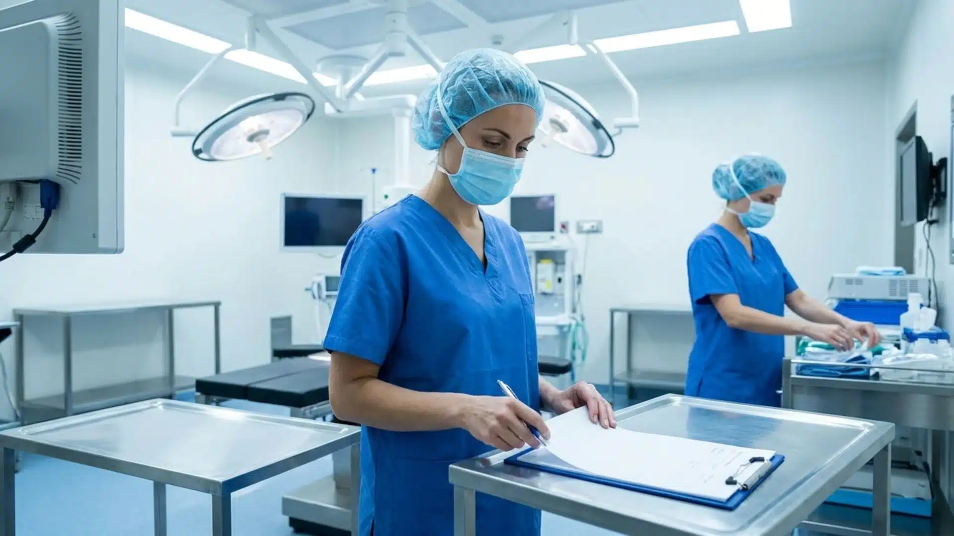 a perioperative nurse in scrubs reviewing documents on a clipboard inside an active operating room