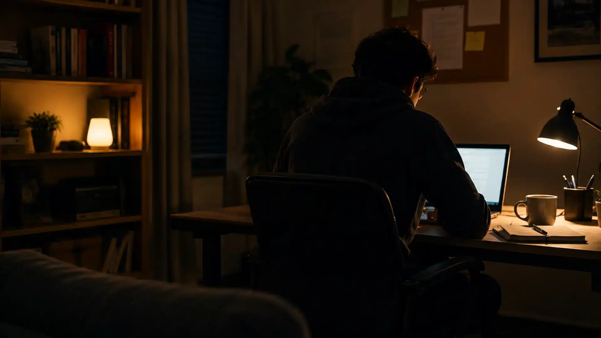 person studying at a desk late at night with laptop and desk lamp in a cozy home study room