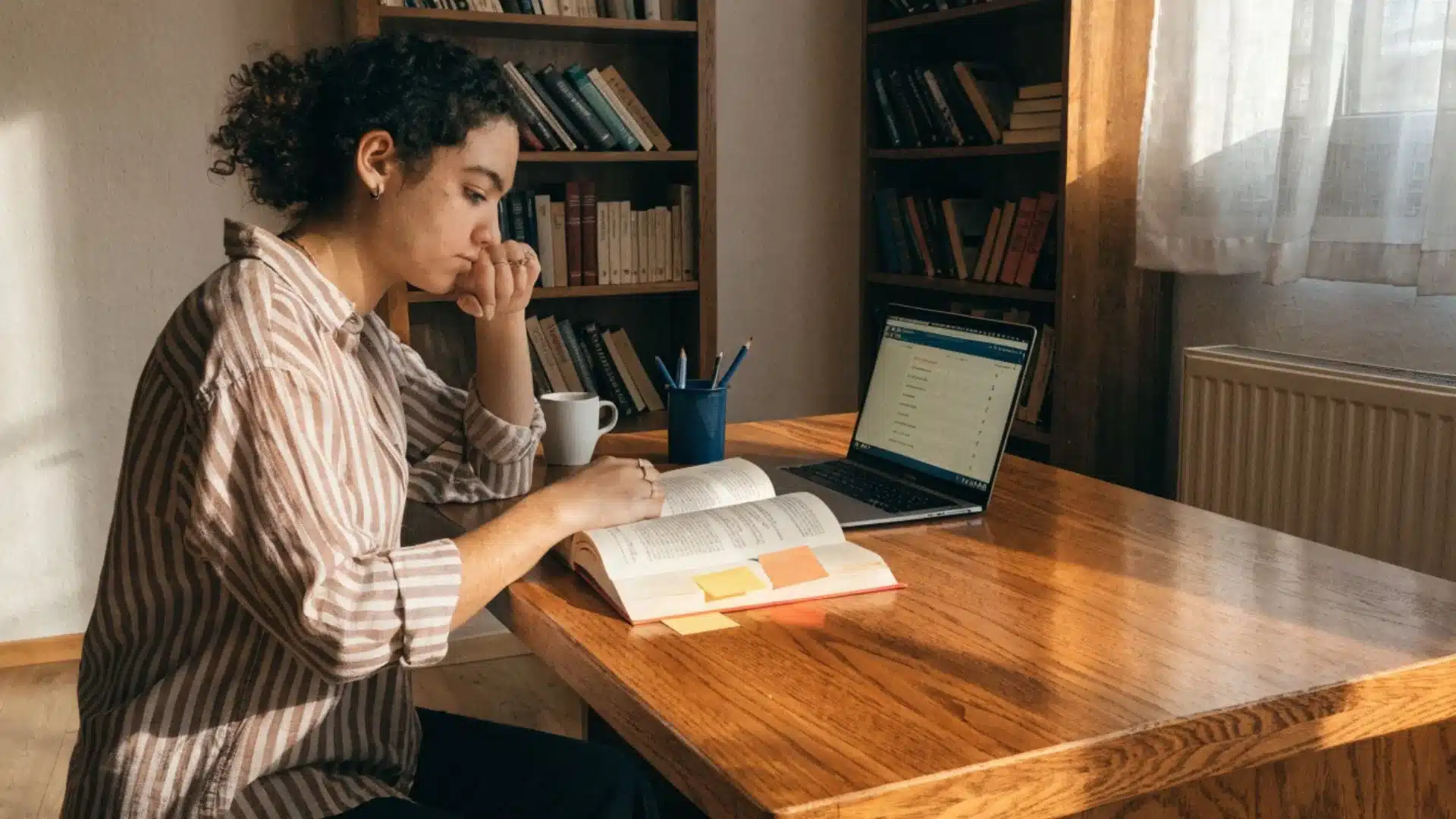 woman studying a book with sticky notes at a wooden desk with a laptop, bookshelves, and sunlight from a window
