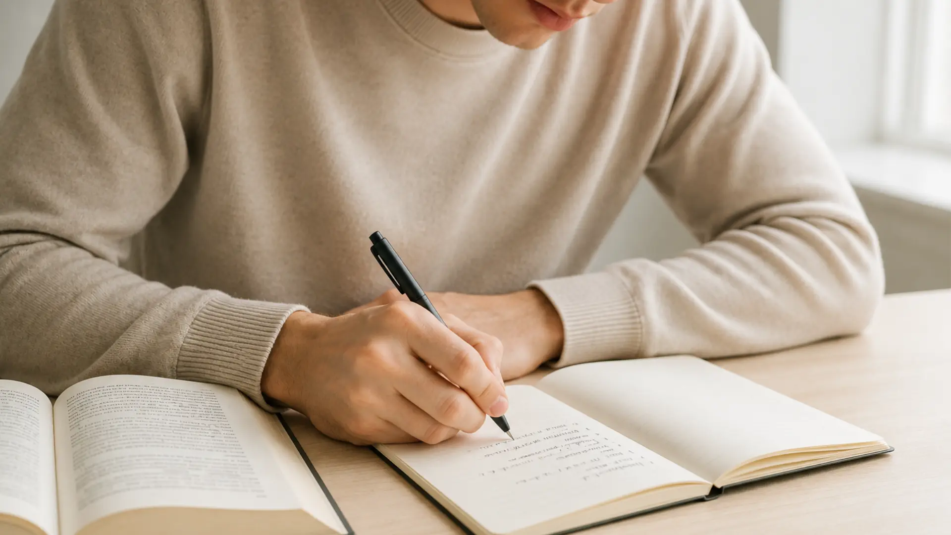 student writing notes beside an open book while studying at a bright desk in natural daylight at home