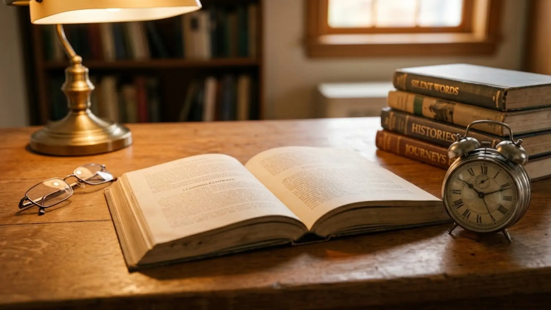 open book on a wooden desk beside glasses a stack of books an alarm clock and a lamp