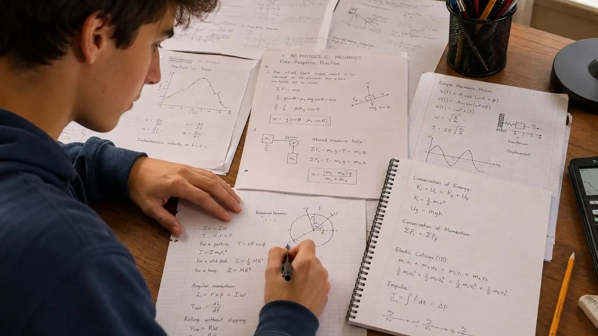 student studying ap physics c mechanics with handwritten formulas, diagrams, notes, and practice sheets