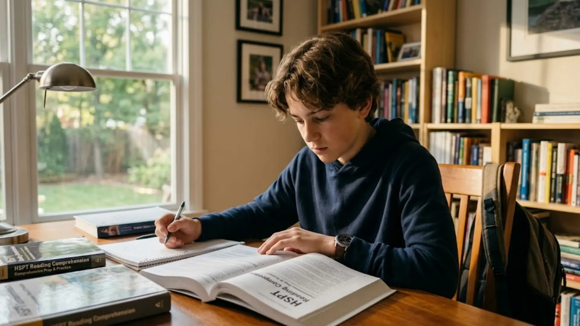 student studying for the hspt at a desk with prep books, notes, and natural light from a window