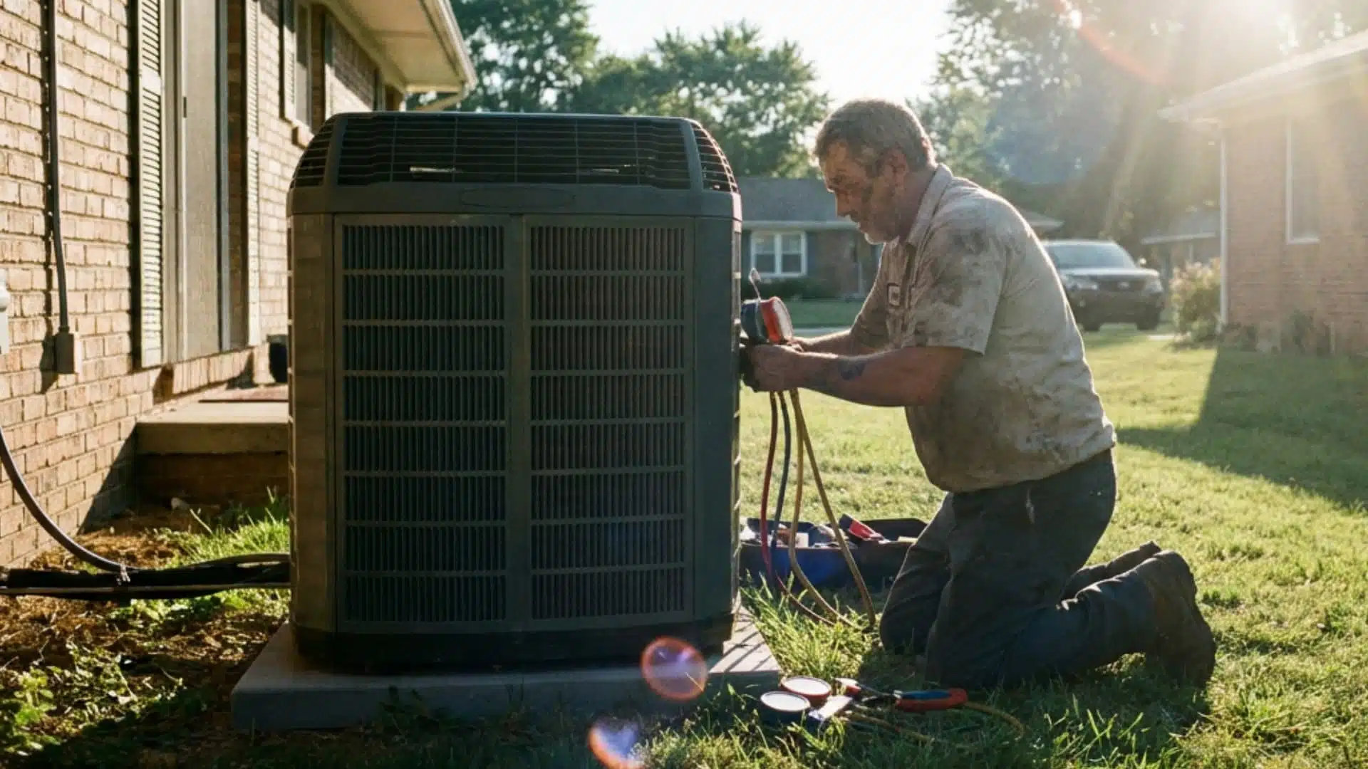 hvac technician kneeling on grass servicing an outdoor ac unit in warm golden sunlight