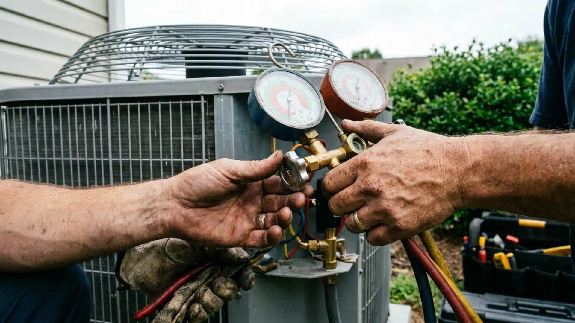 two hvac technicians connecting manifold gauge set to an outdoor ac unit on an overcast day