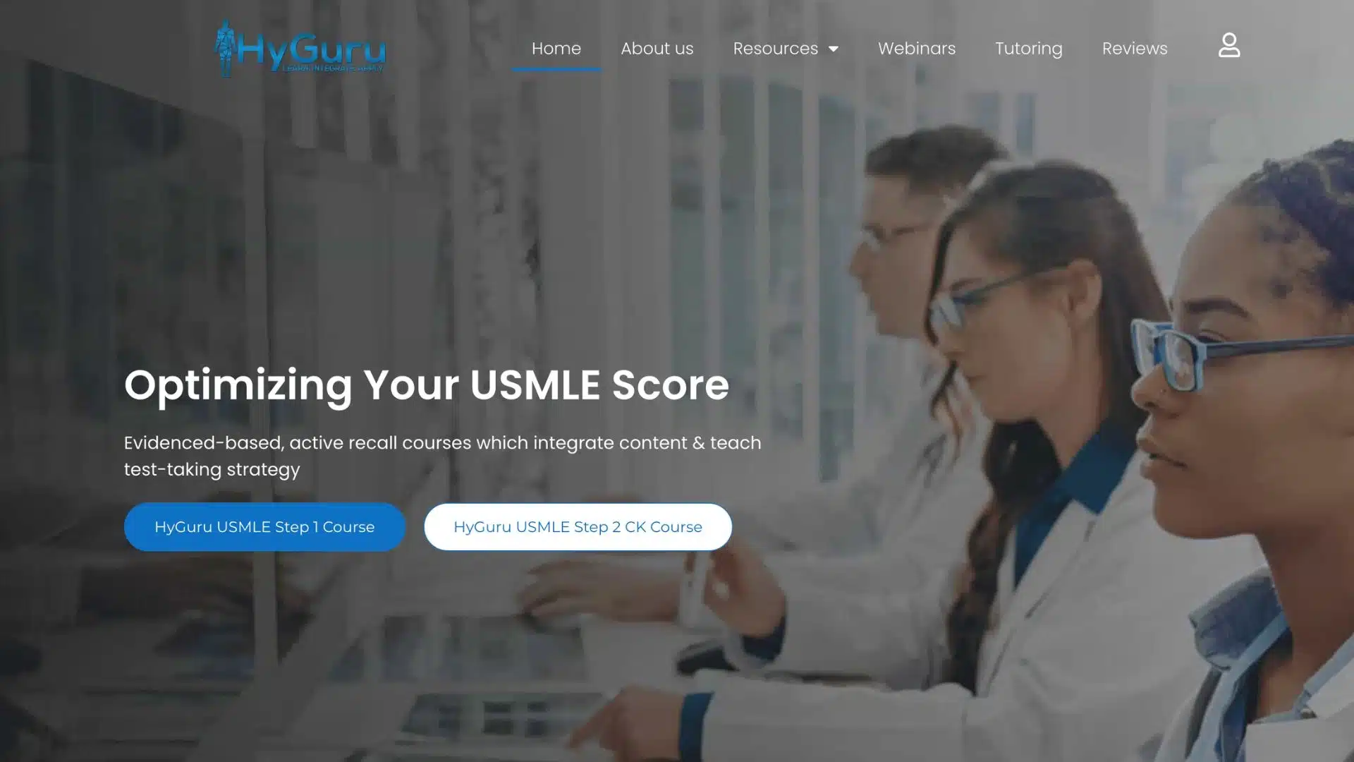 hyguru homepage showing step 1 and step 2 ck course buttons with medical students studying