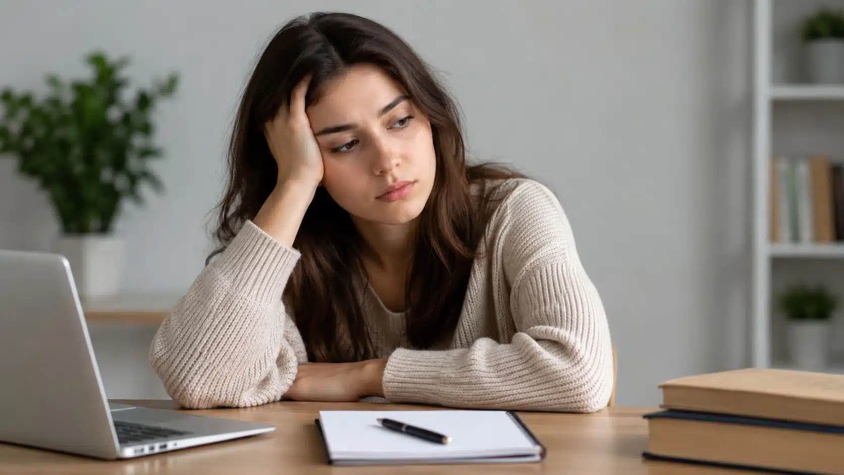 woman sitting at a desk with a thoughtful expression beside a laptop and notebook in a bright home workspace