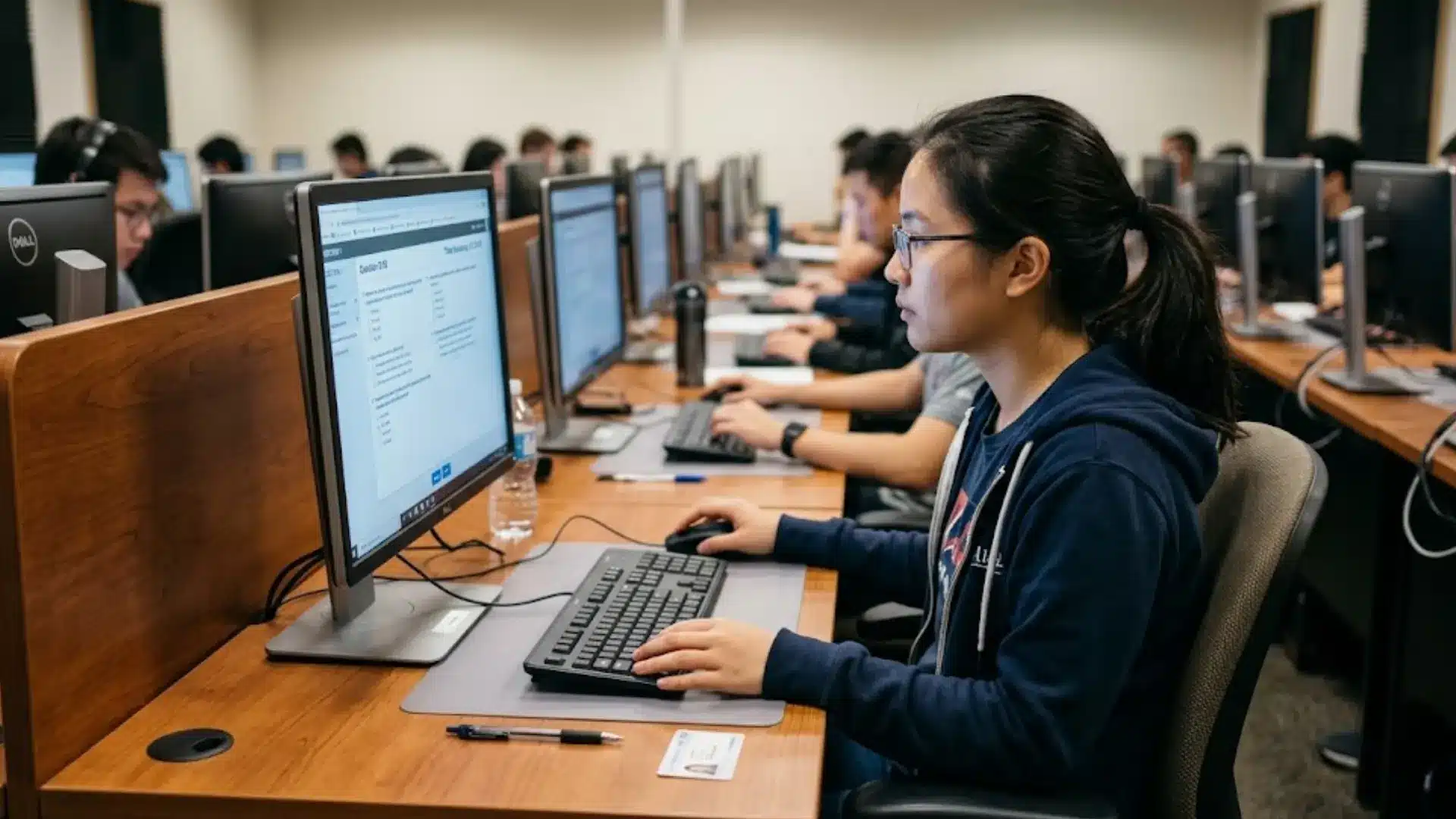 student taking a computer based aptitude test in a classroom with multiple workstations and monitors