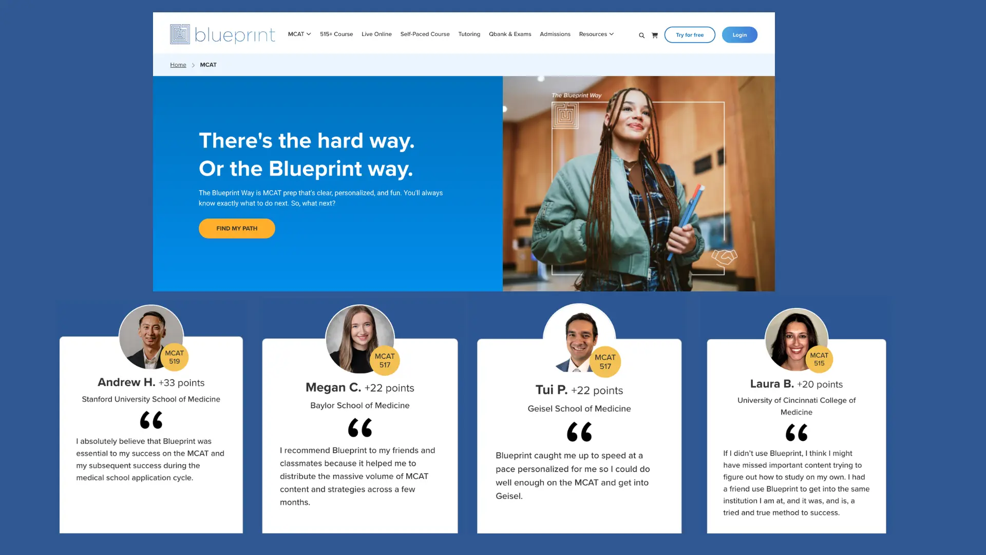 blueprint mcat website showing course overview with student success stories and improved mcat scores