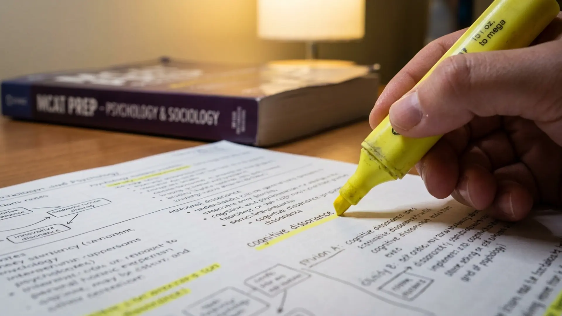 highlighting handwritten psychology study notes beside an mcat prep textbook