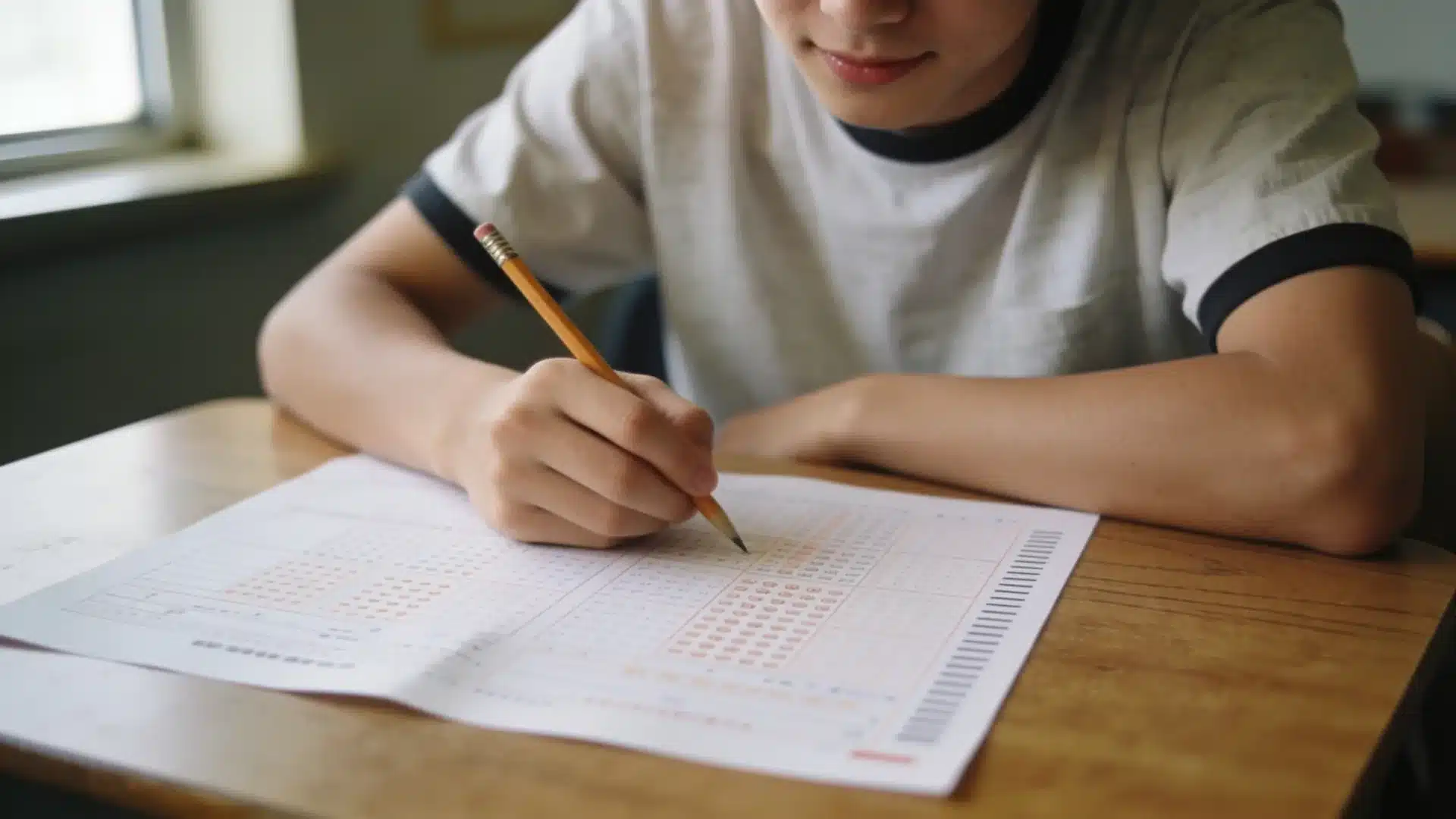 a high school student filling out a standardized test answer sheet with a pencil at a wooden desk