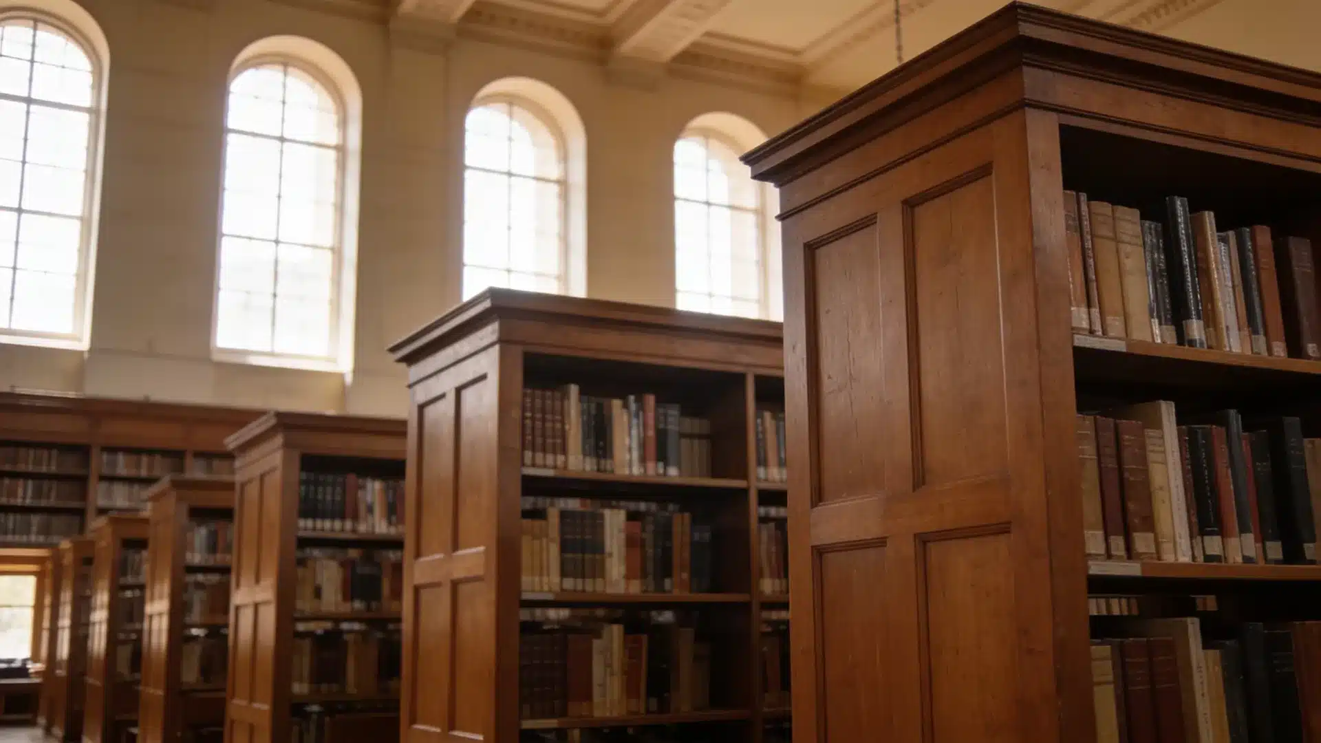 rows of tall wooden bookshelves in a sunlit library reading room with arched windows