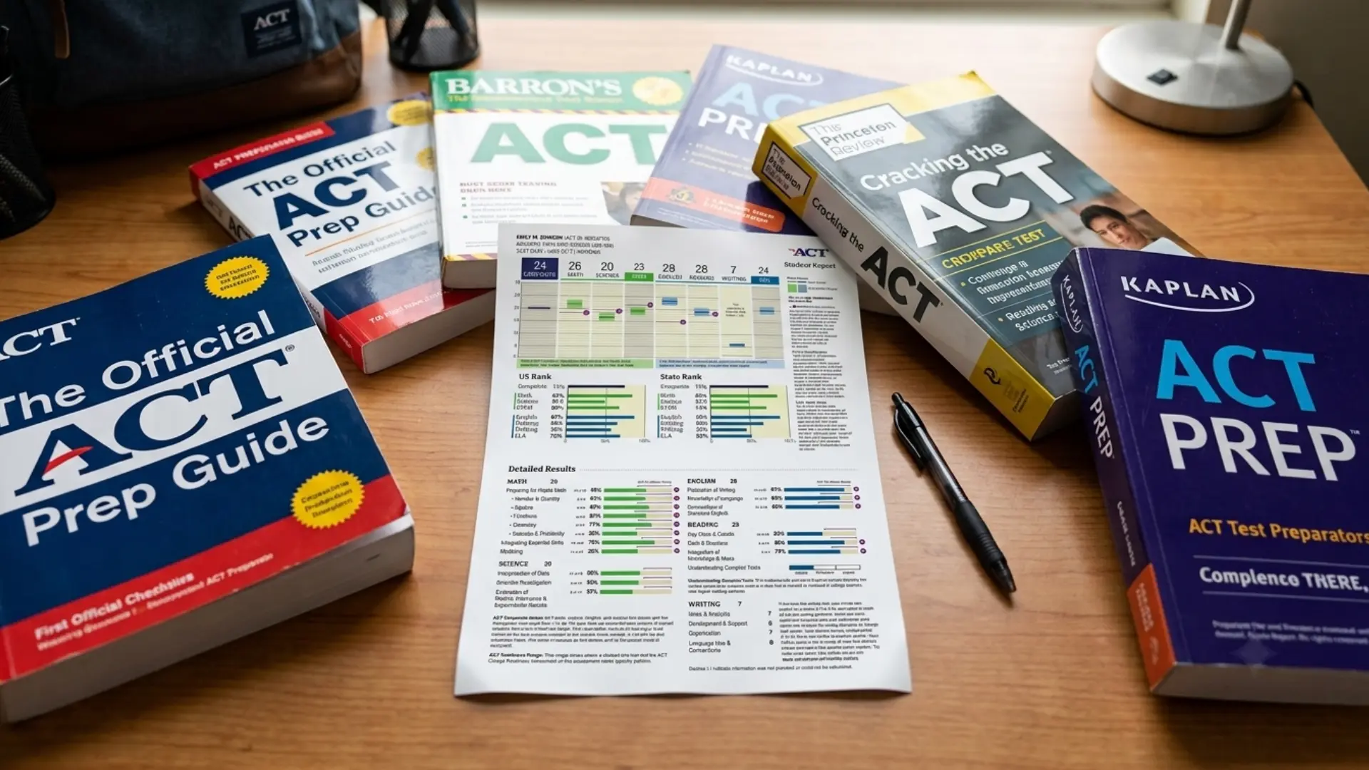 act prep materials and a student report with scores on a wooden desk with a pen and lamp.