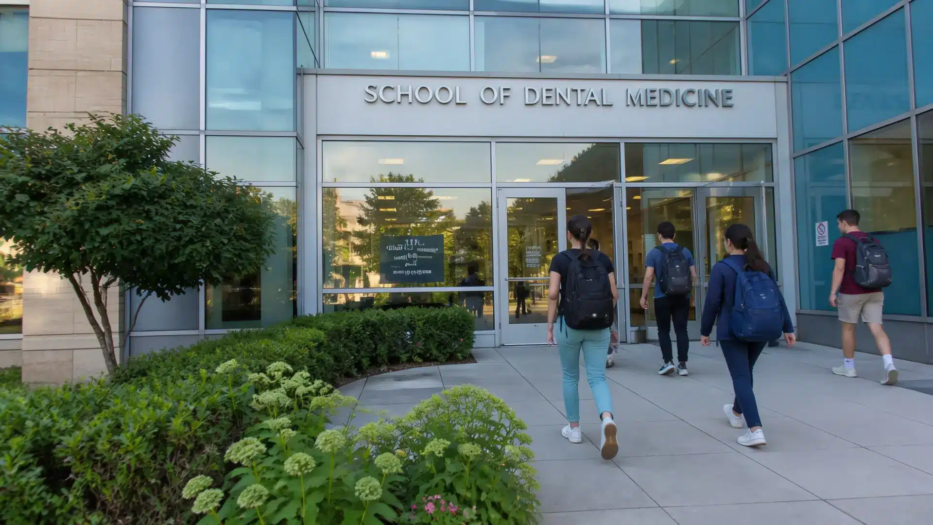 students with backpacks walking toward the entrance of a school of dental medicine building