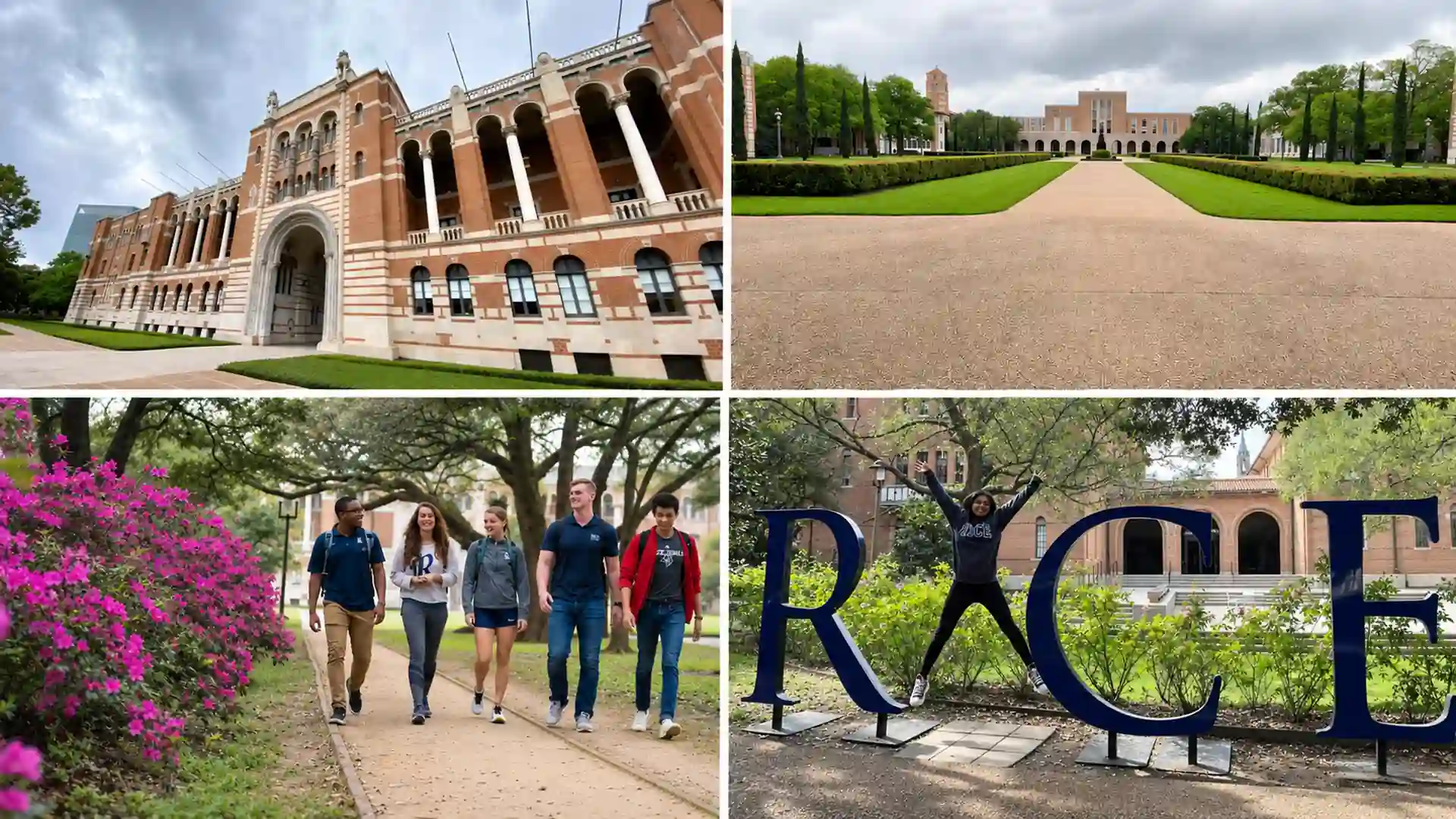 rice university campus collage featuring historic buildings, students walking, and iconic rice sign outdoors