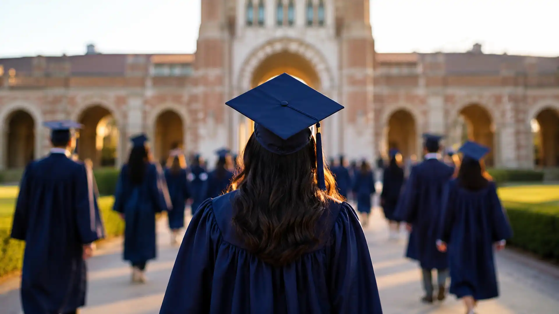 graduate walking across a university campus during commencement ceremony with fellow graduates