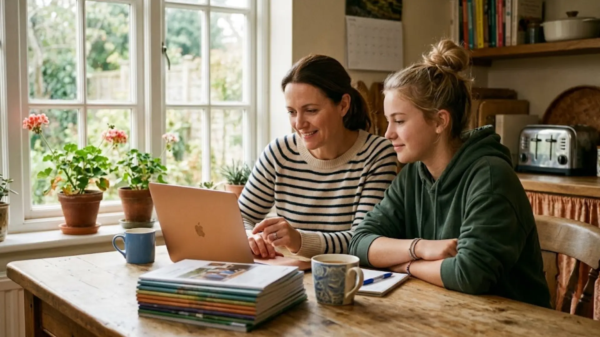 mother and teen daughter researching sat requirements together at kitchen table on laptop