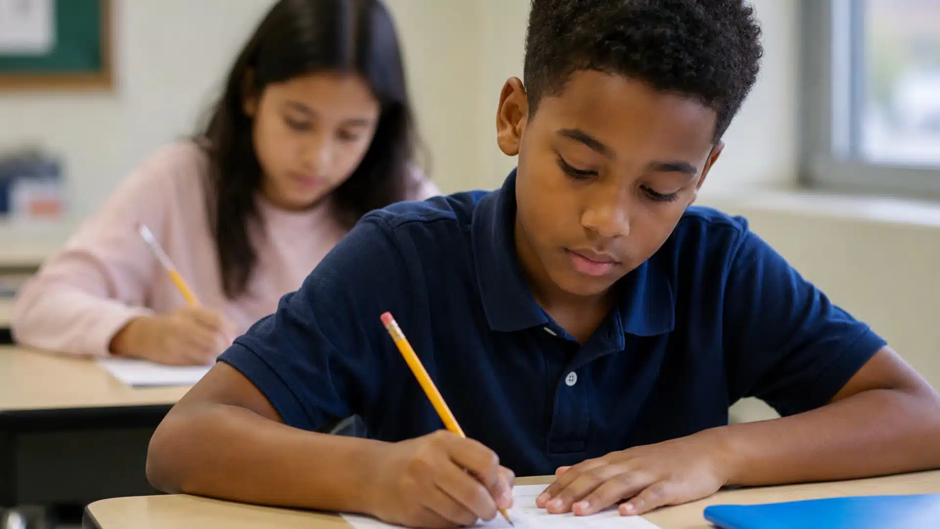 young black boy writing a test in a classroom while a diverse girl studies in the softly blurred background