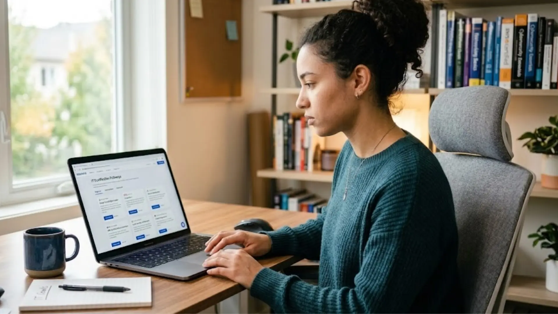 woman reviewing an it certification roadmap on a laptop at a desk with notebook and coffee