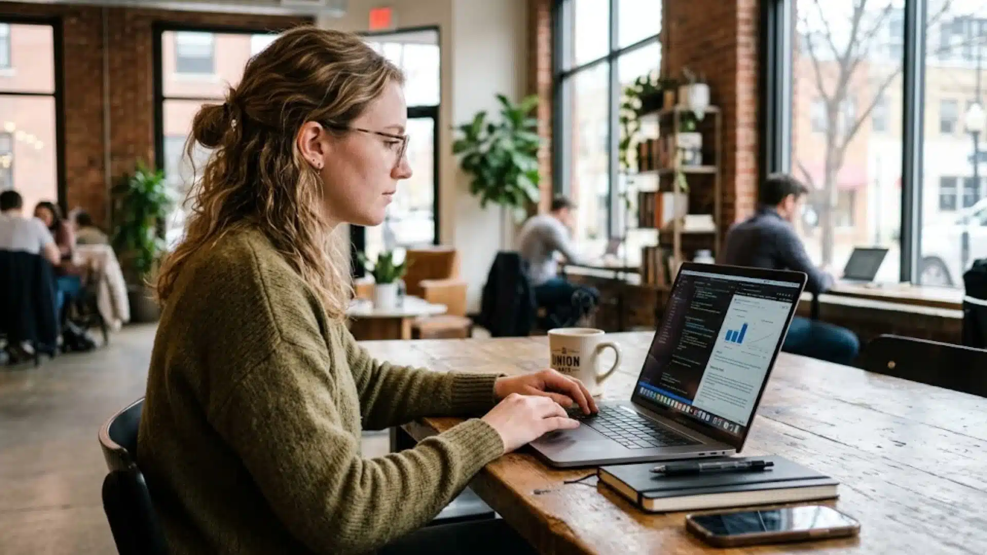 student working on a laptop in a cafe setting with tasks displayed on the screen