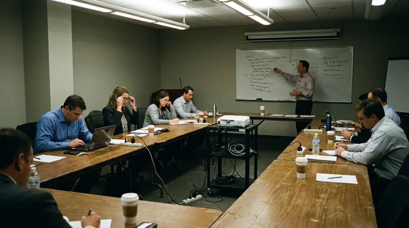 instructor leading a training session with employees taking notes in a conference room