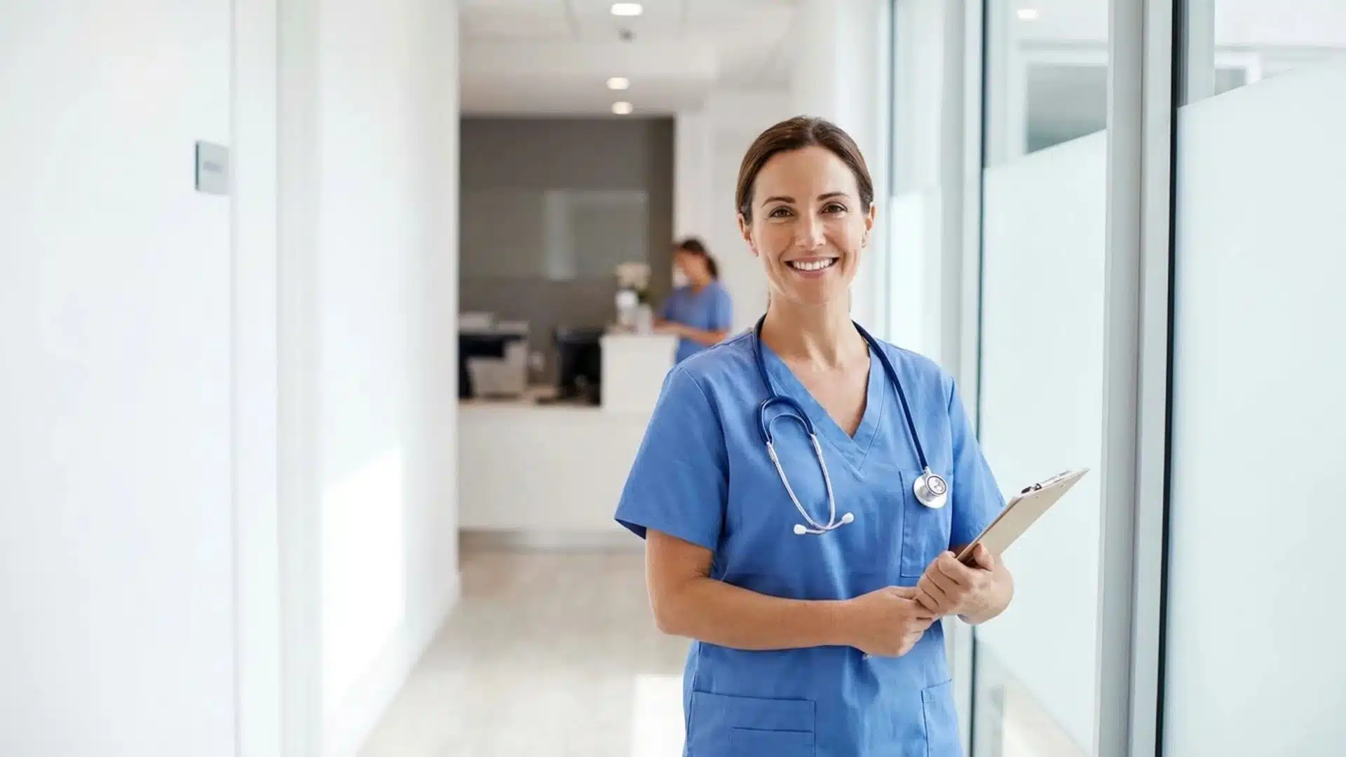 a nurse practitioner in blue scrubs standing in a hospital corridor holding a clipboard and smiling