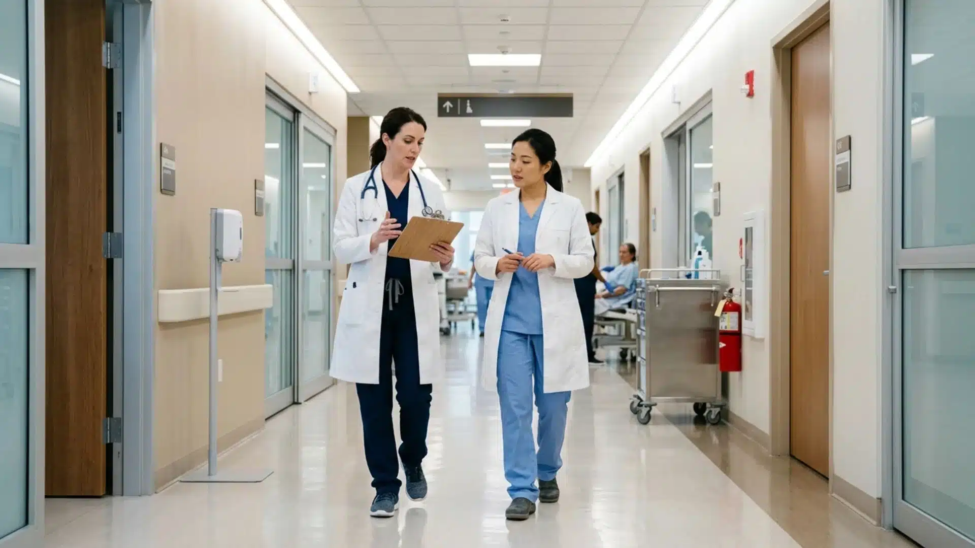 two doctors reviewing a clipboard while walking down a hospital corridor