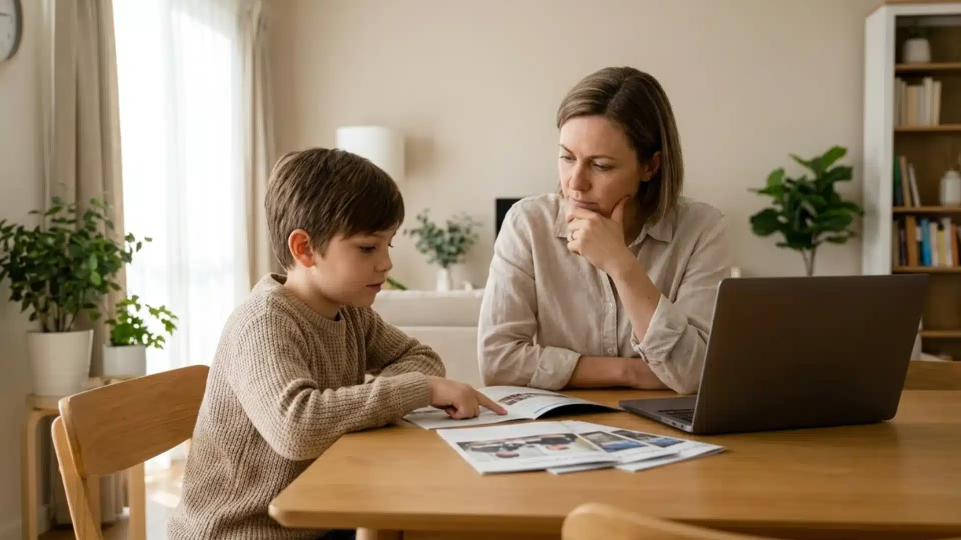 mother and son reviewing an open school brochure together at table with laptop beside them