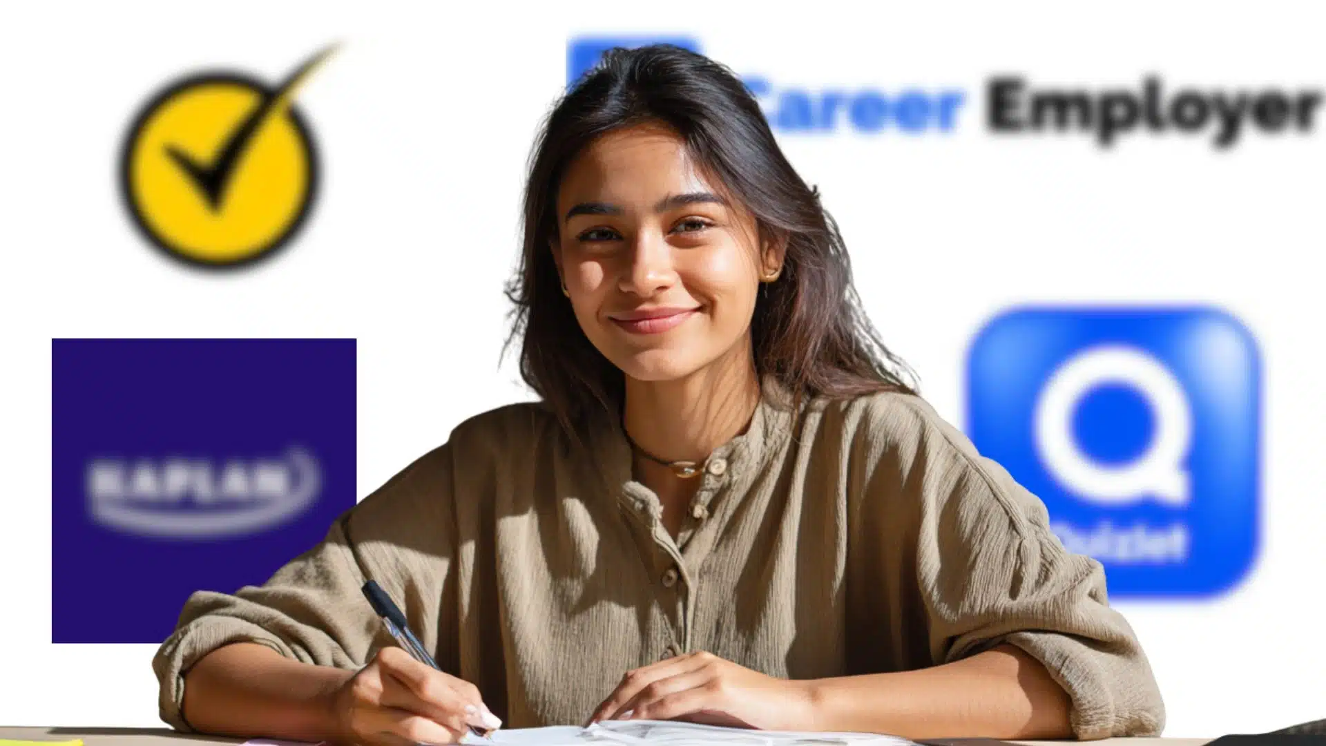 a nursing student smiling while writing, with blurred logos of kaplan, quizlet, and career employer in the background
