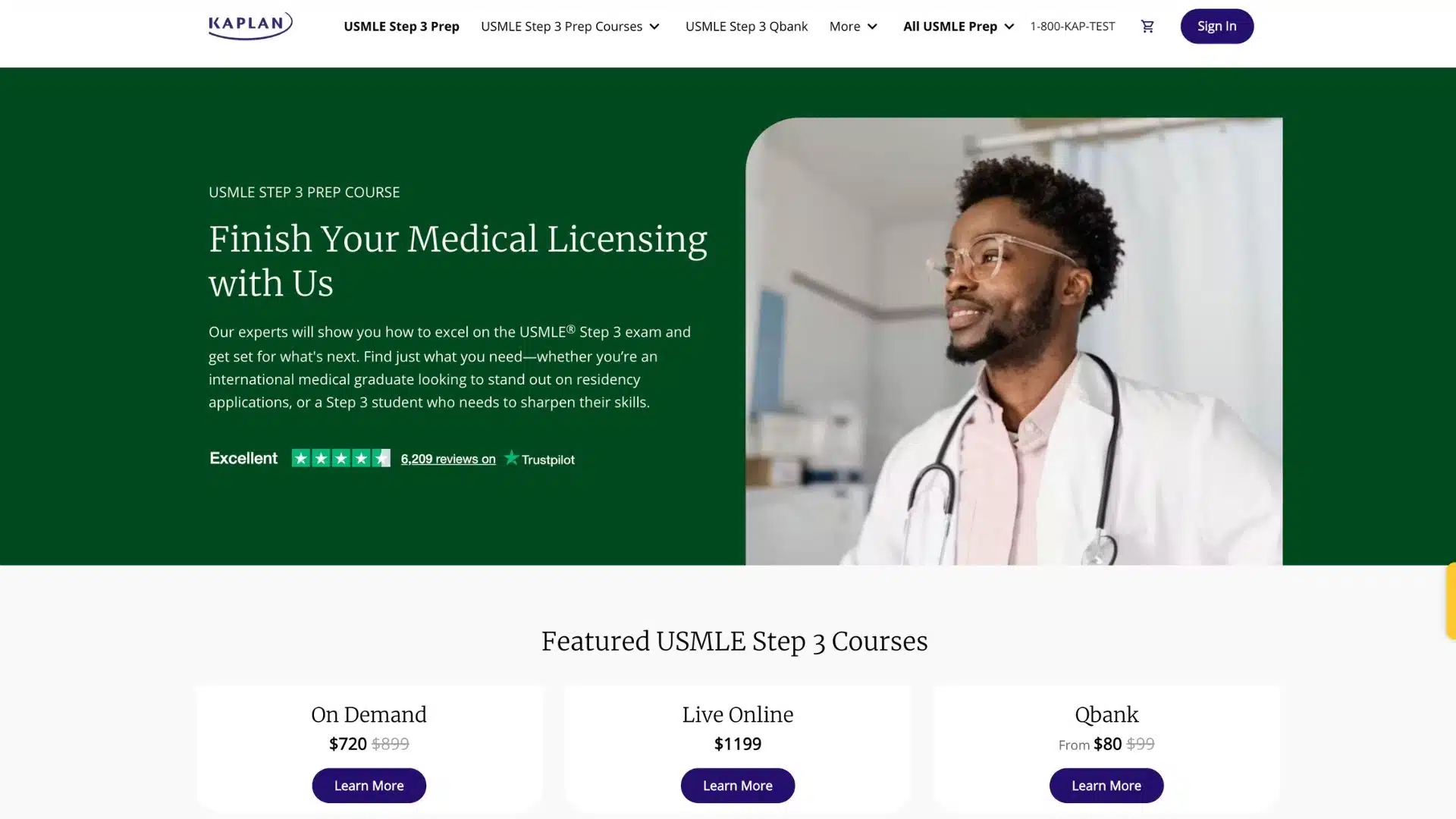 kaplan usmle step 3 prep course page showing on demand, live online, and qbank options with current pricing