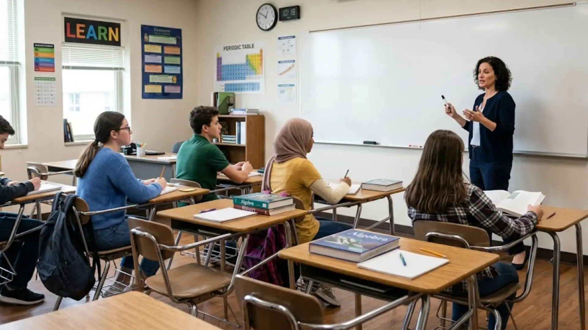 teacher explaining a lesson to students seated at desks in a traditional public school classroom