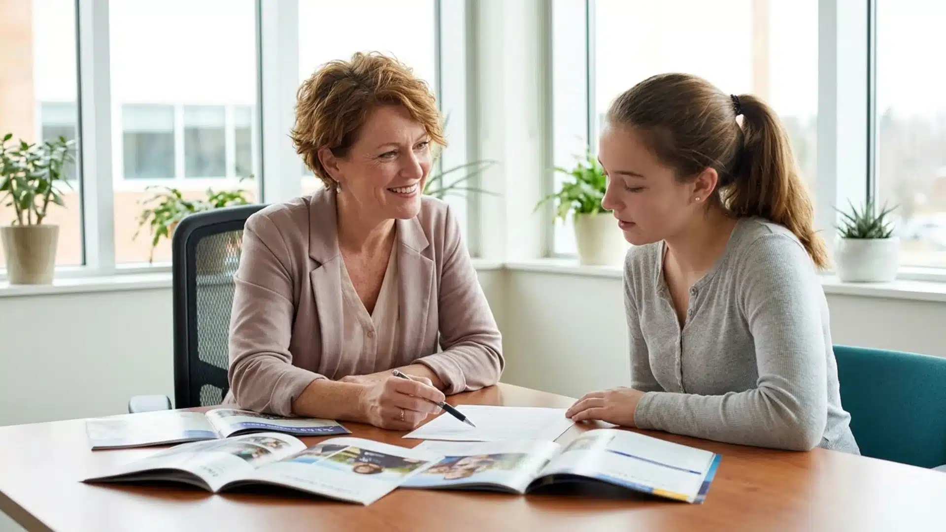 guidance counselor reviewing college brochures with a student at a desk in a sunlit office