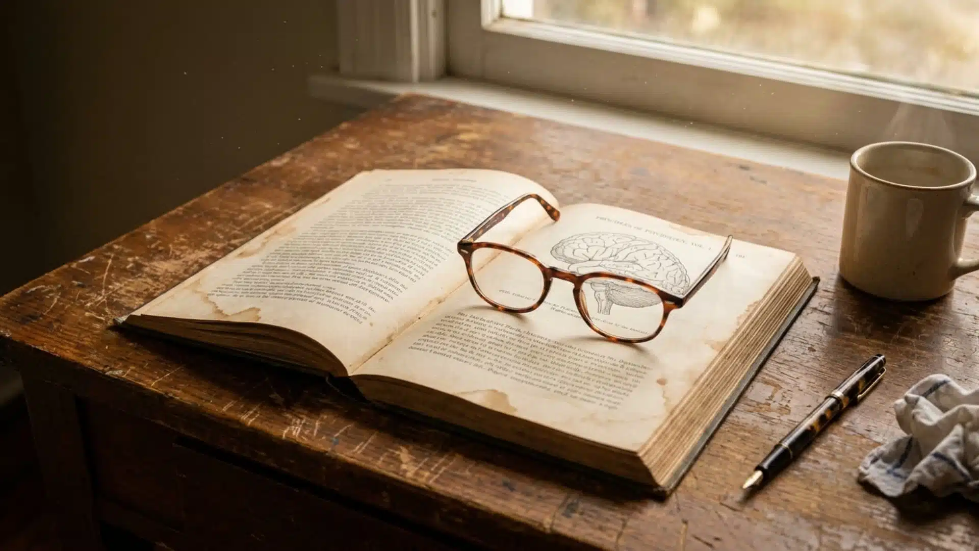 reading glasses resting on an open psychology book with a brain diagram beside coffee and a pen