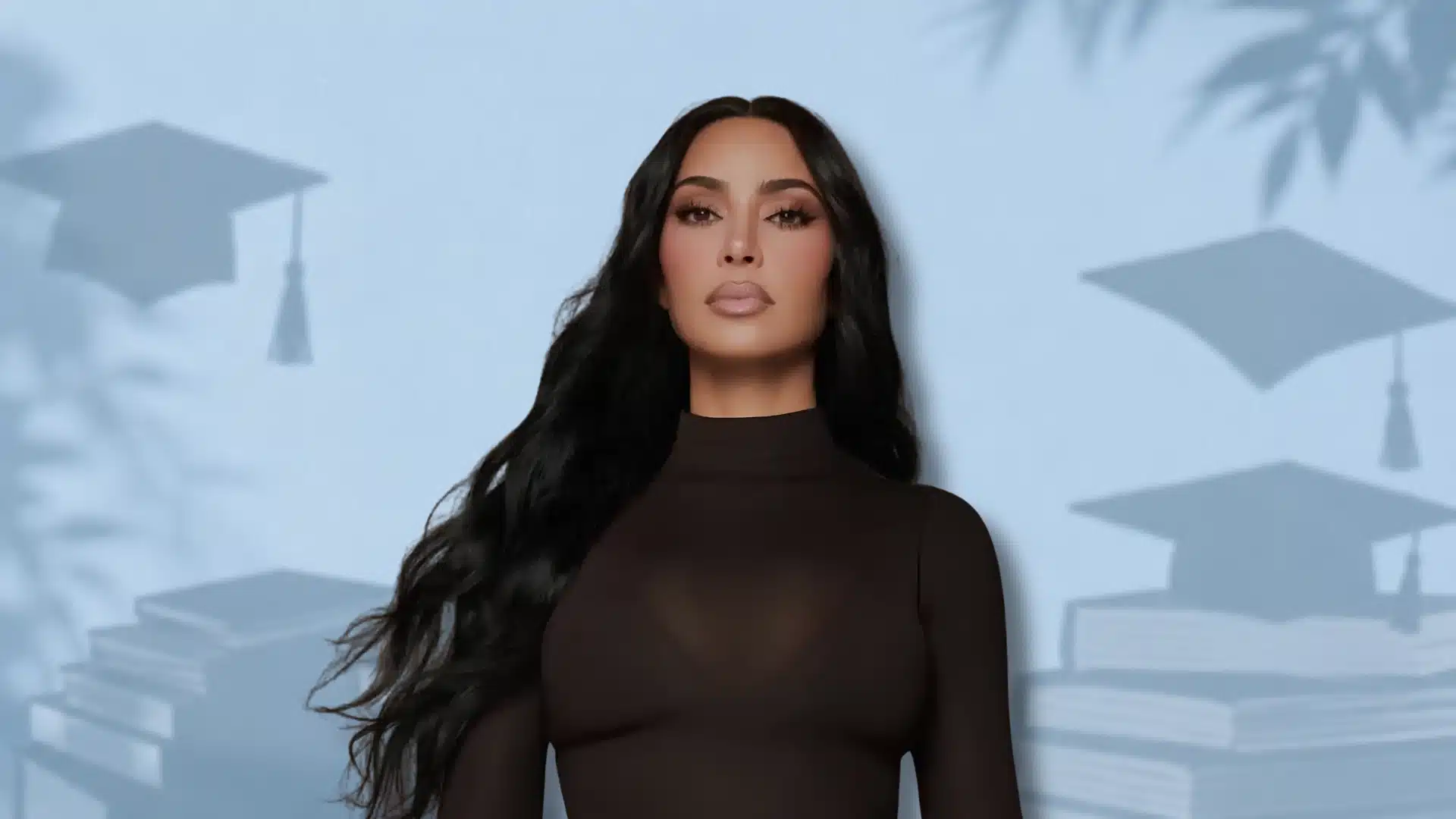 kim kardashian against an academic background with graduation caps and stacked law school books