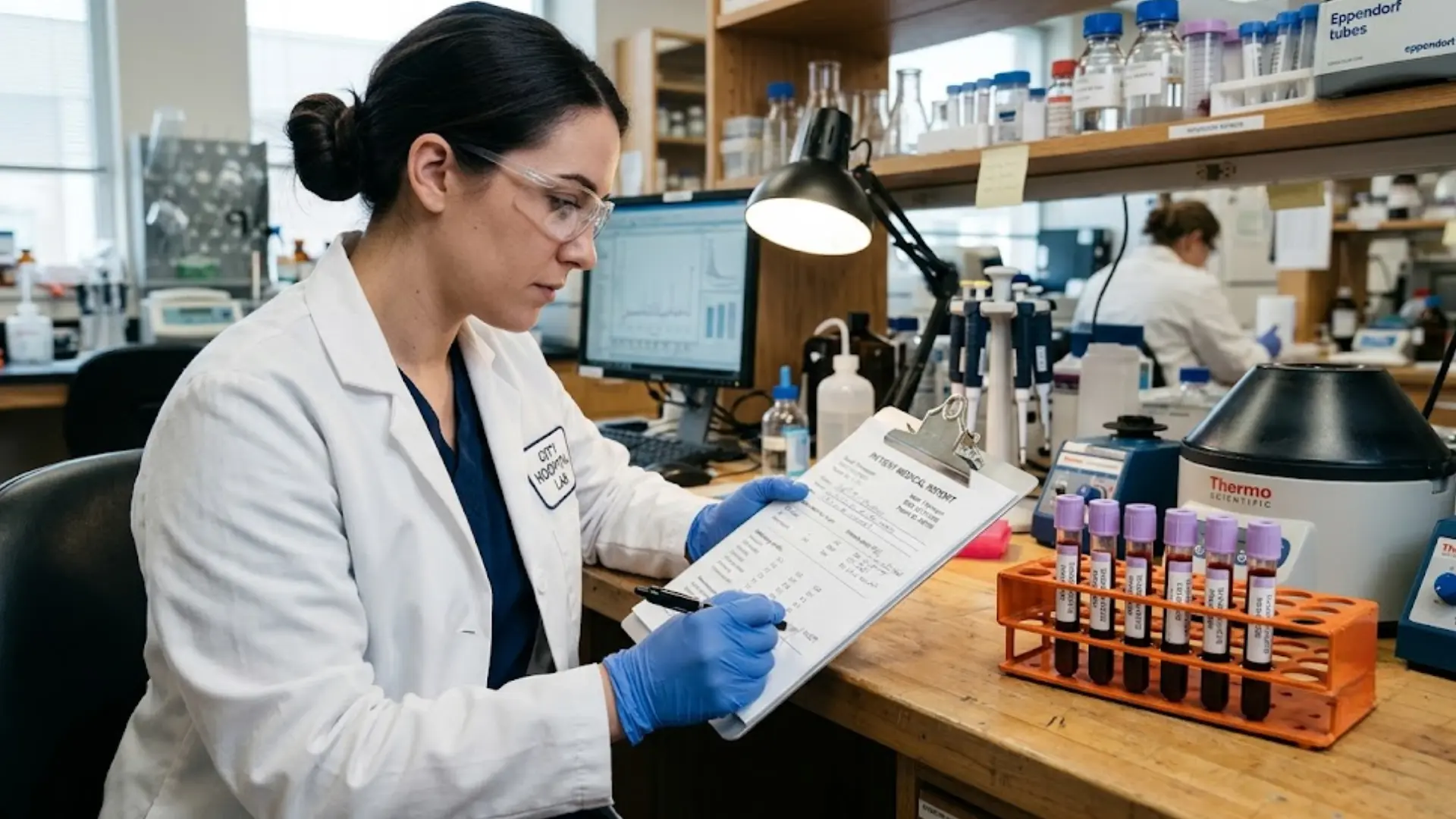 nurse reviewing laboratory test results beside blood sample tubes in a clinical lab setting