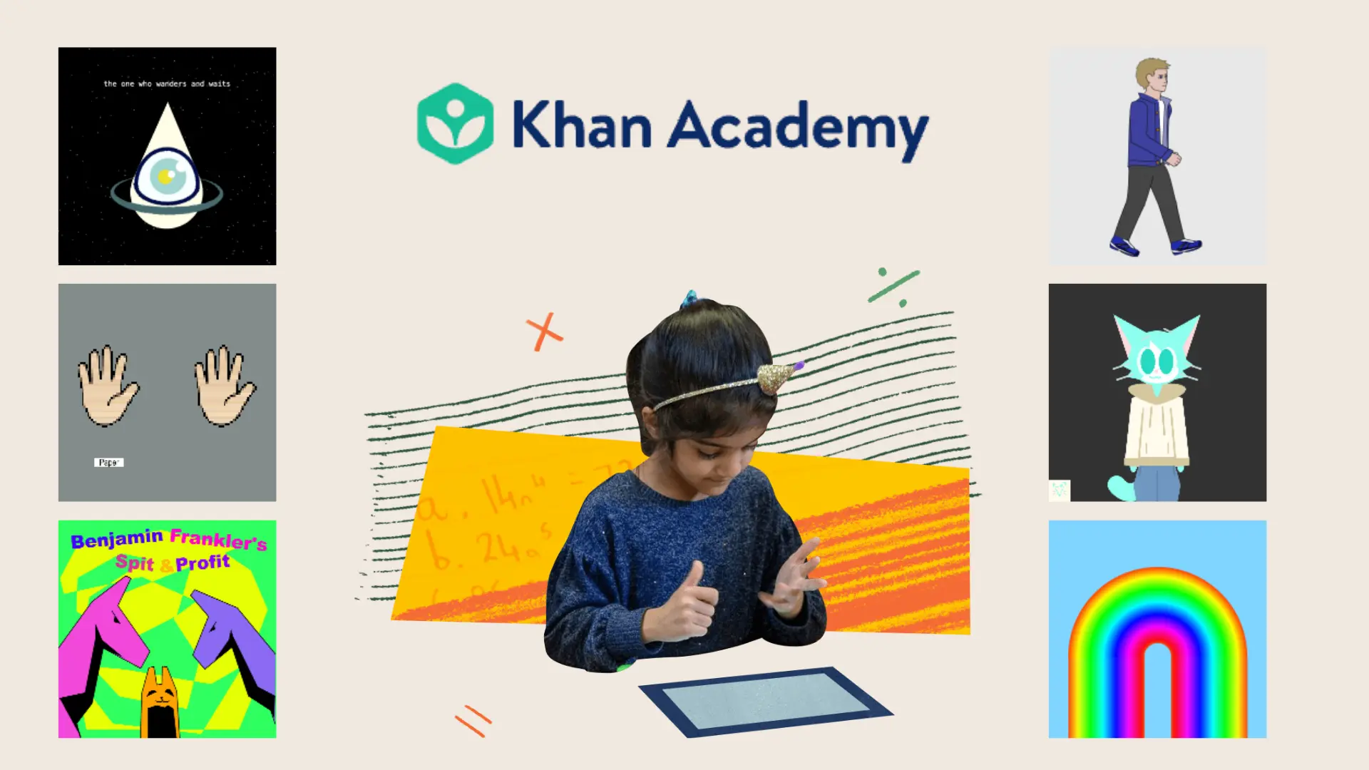 a young girl using a tablet surrounded by colorful khan academy community projects including games, animations, and creative artwork
