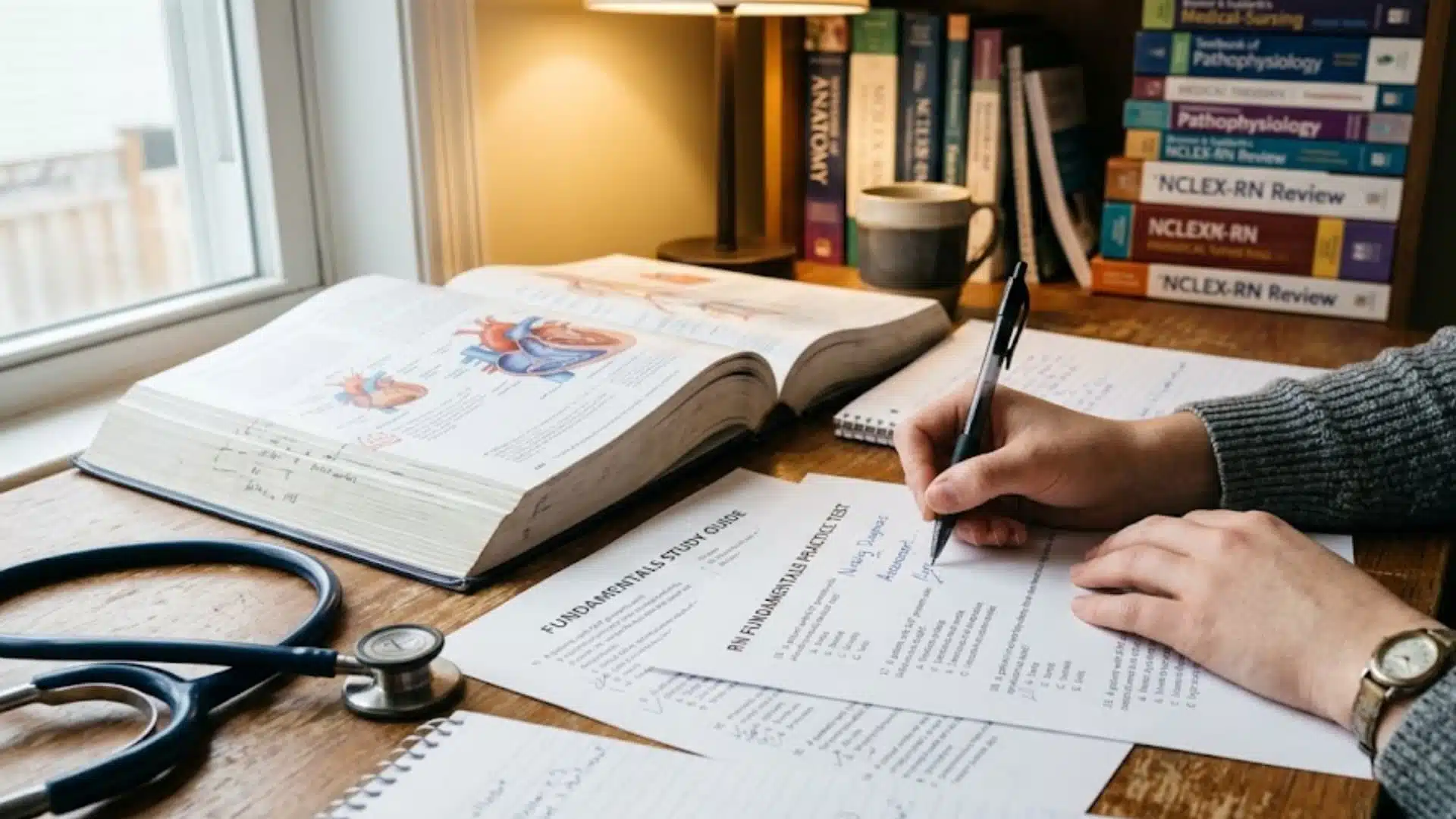 person writing answers on practice test with anatomy textbook, stethoscope, and coffee mug on desk