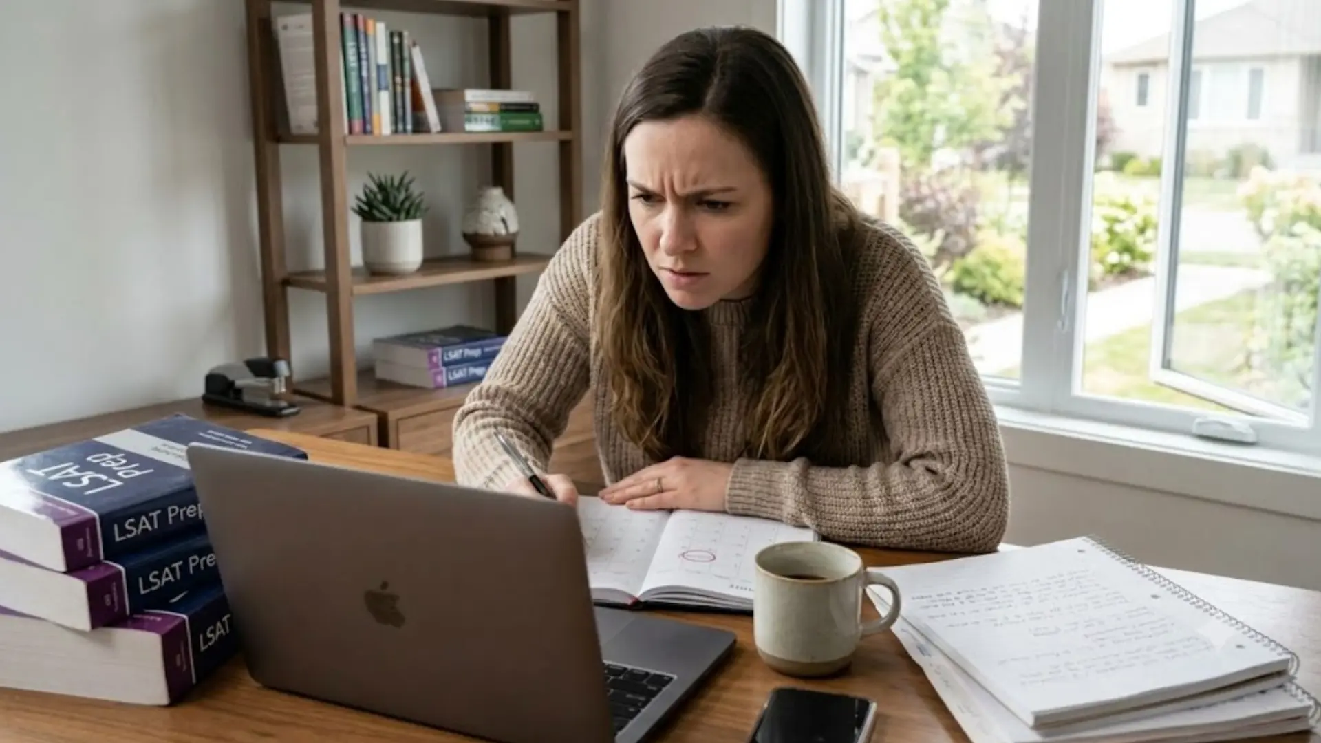 student reviewing lsat prep materials on a laptop with notes, books and coffee at a quiet study desk