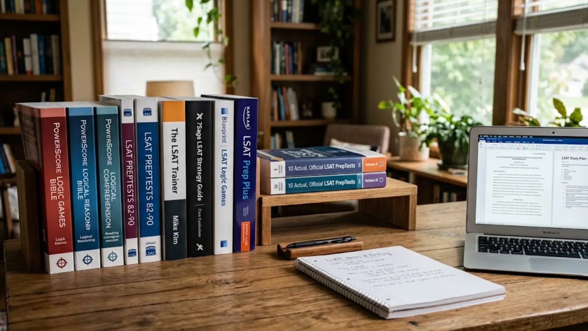 lsat prep books, laptop and handwritten study notes arranged on a wooden desk in a bright home study