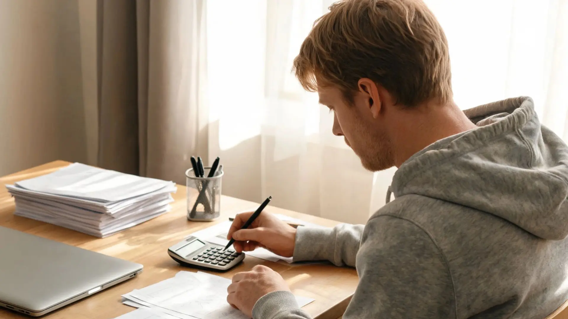 student calculating a practice test score with a calculator beside stacked papers and a closed laptop on a study desk