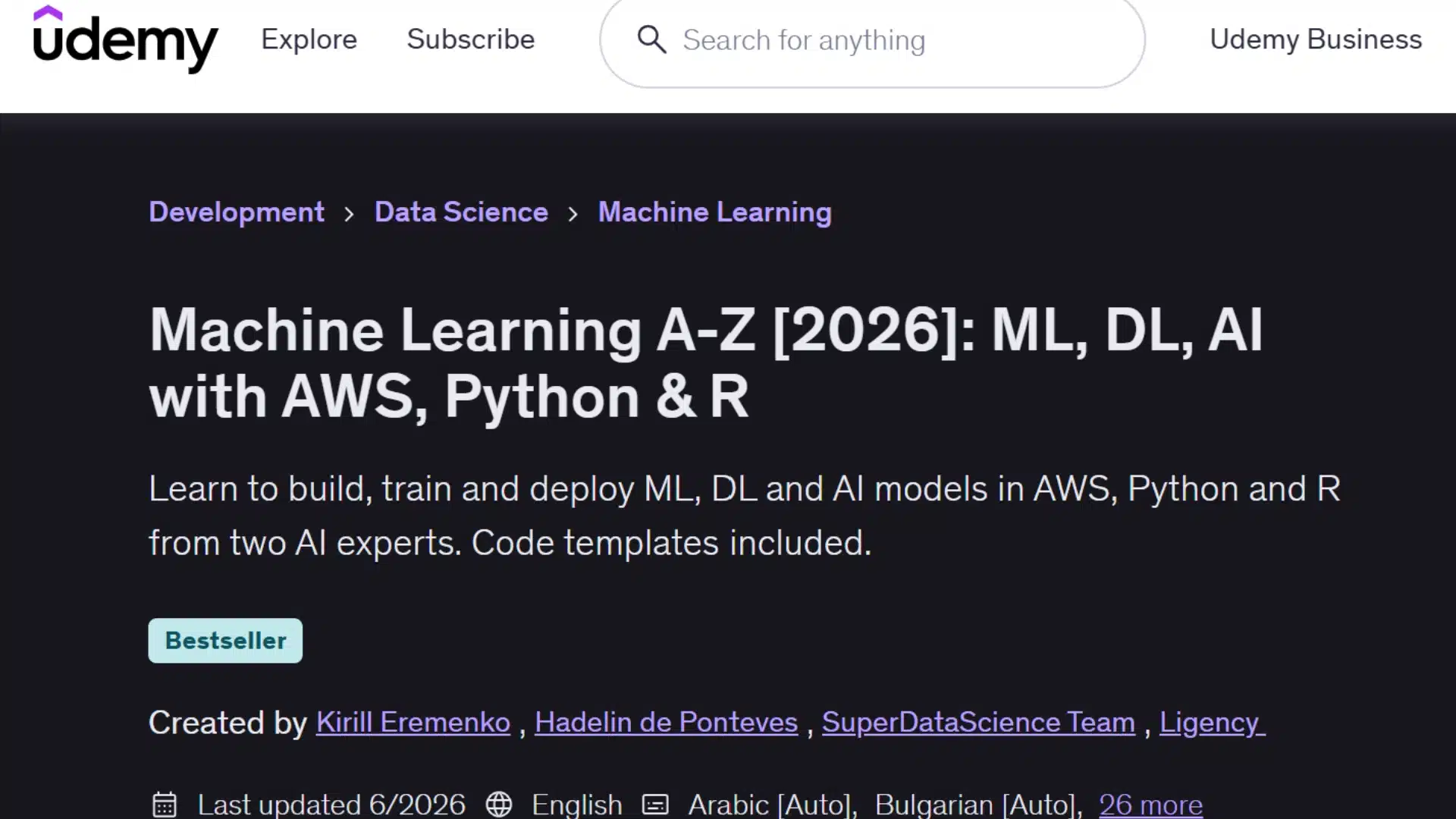 udemy machine learning course teaching model building with cloud tools, python, r and deep learning