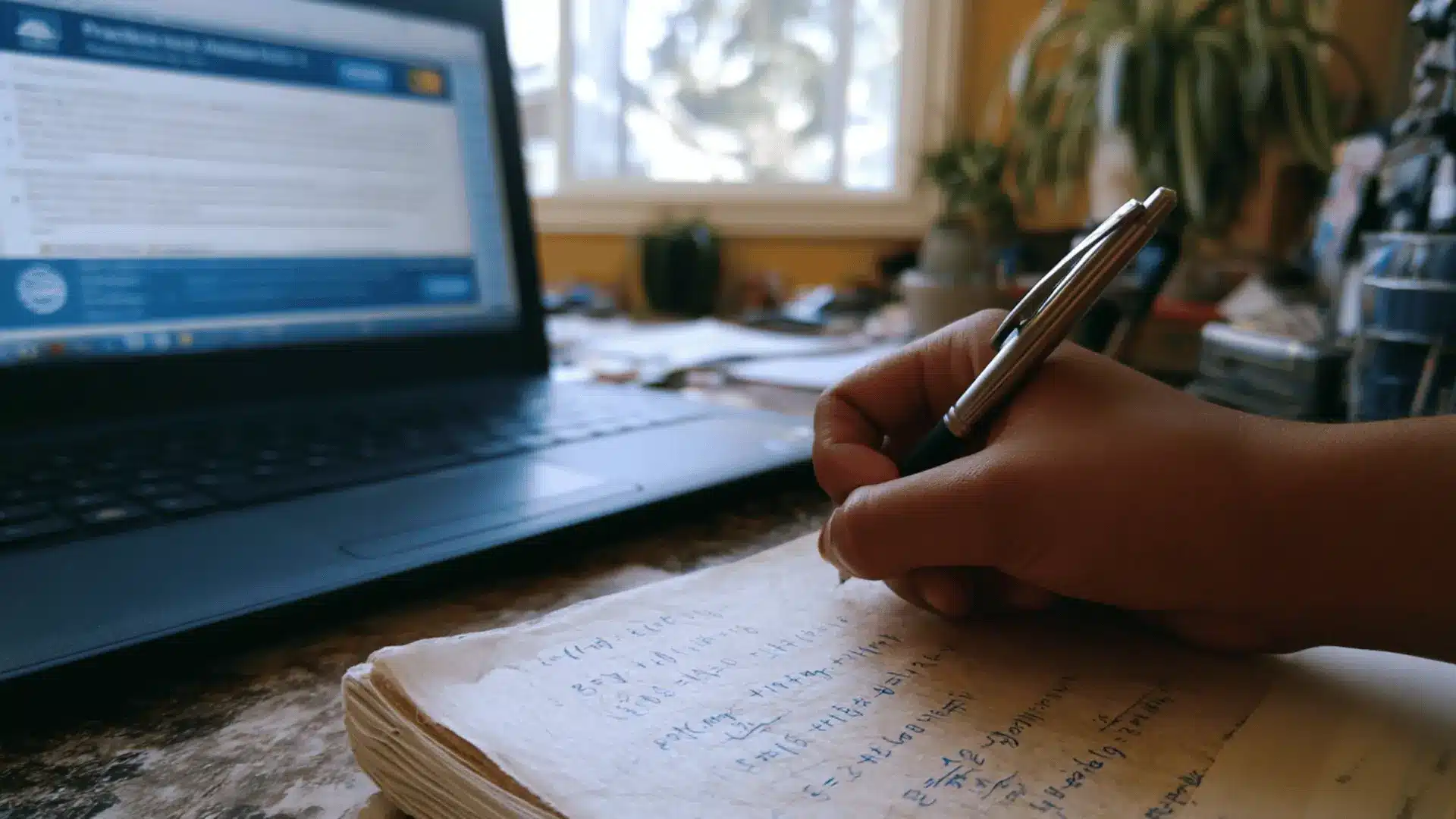 student taking notes beside a laptop while completing an online tsi practice test at home