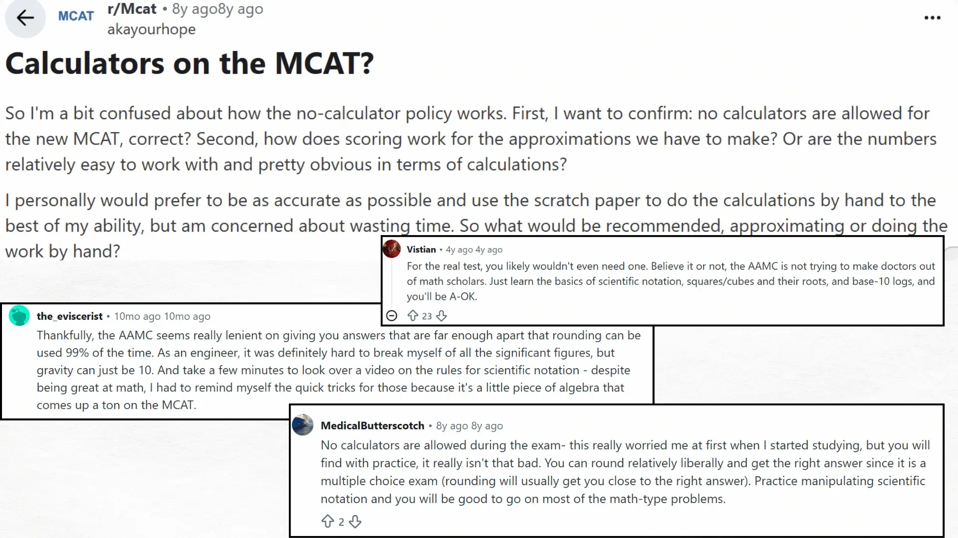 reddit thread asking whether calculators are allowed on the MCAT, with replies about no-calculator strategy