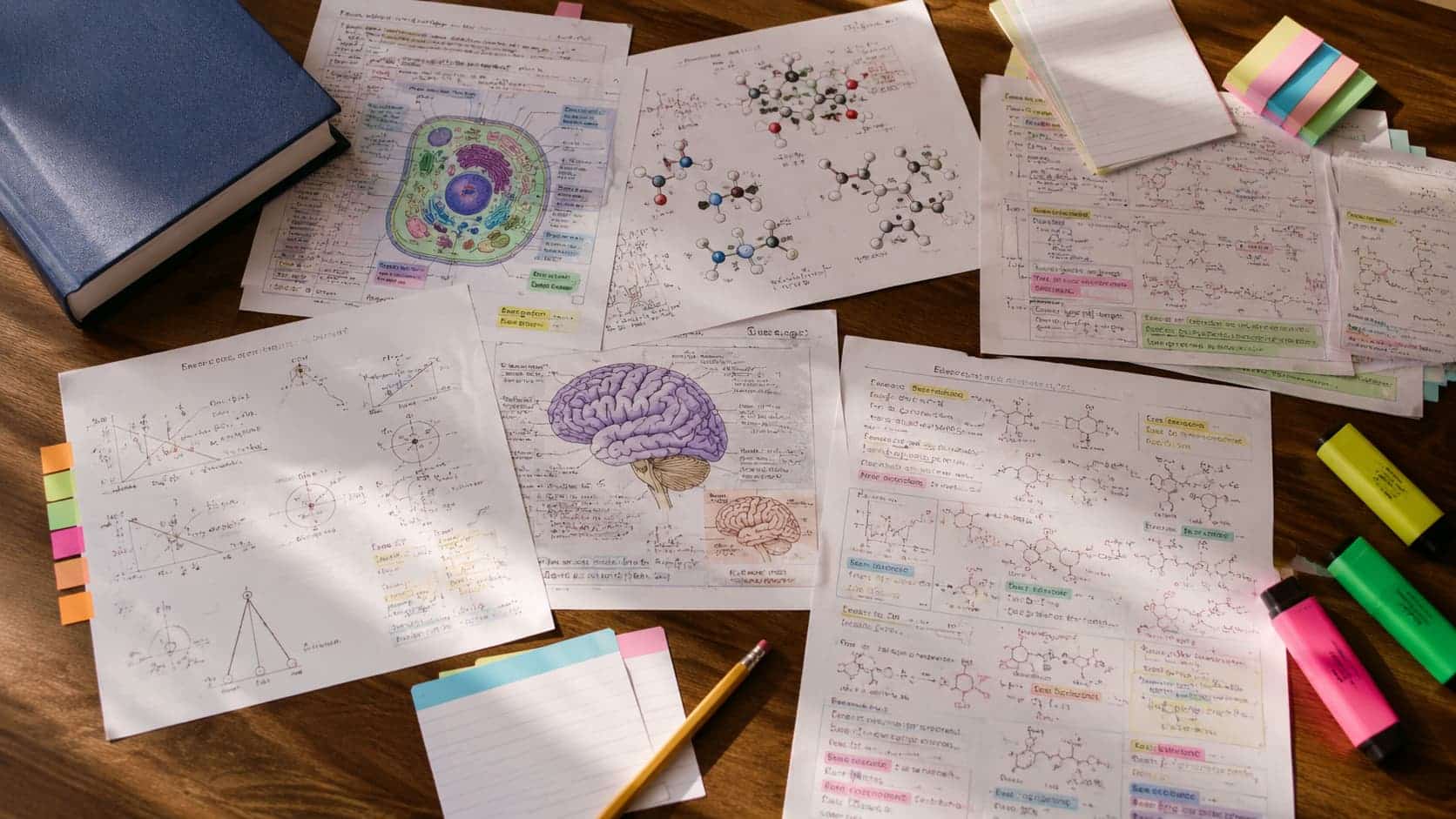 top-down view of science review sheets, flashcards, notes, and study tools spread across a wooden desk in daylight