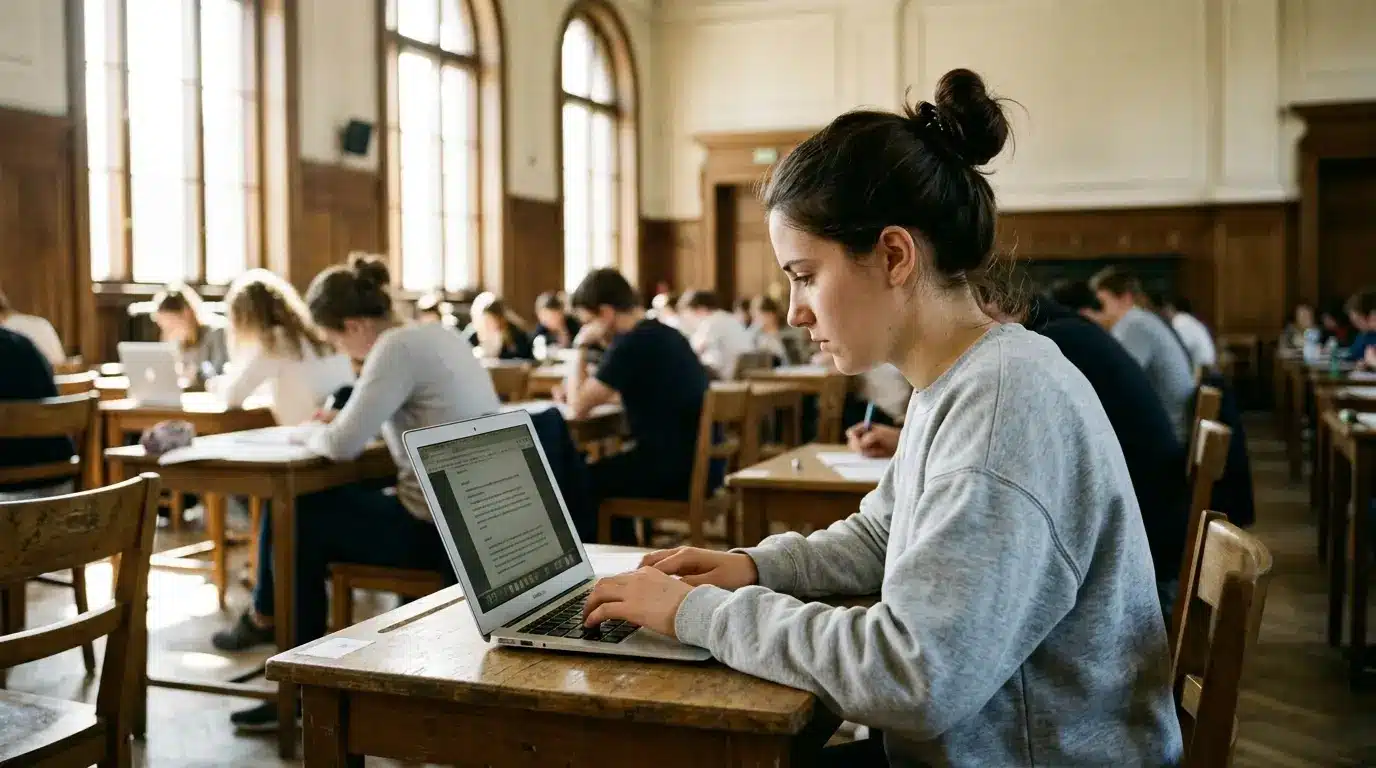 students taking a computer based exam at individual desks in a large sunlit exam hall