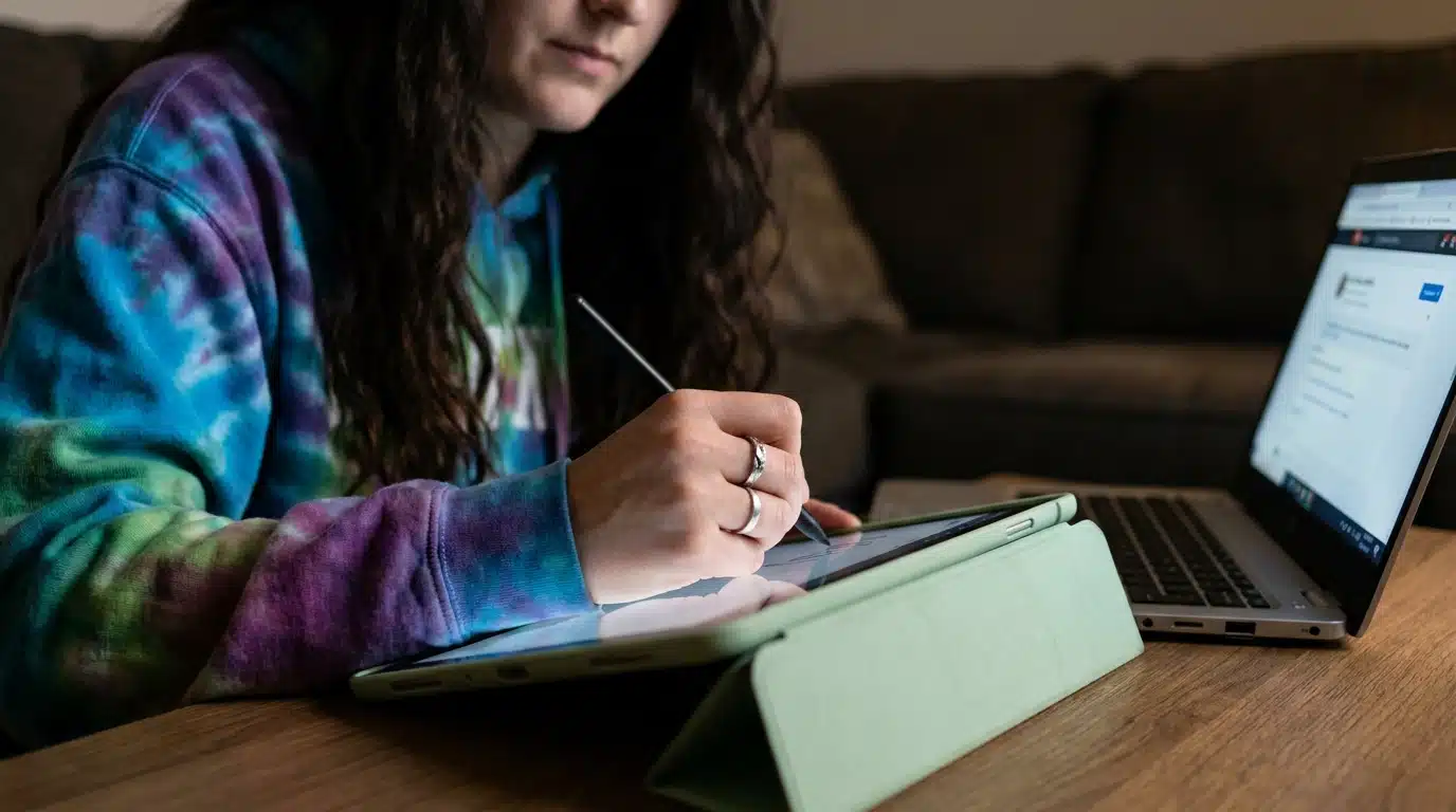 a student in a sweatshirt with a laptop and an iPad at a wooden table