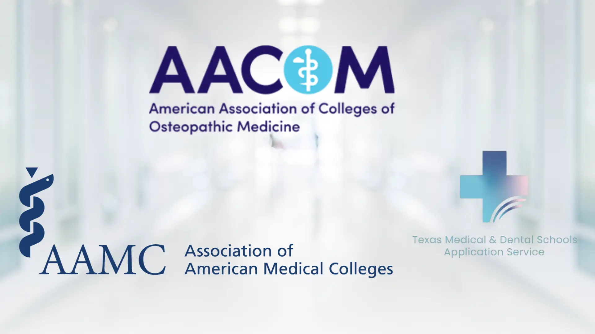 medical school application service logos displayed together against a soft blurred hospital hallway backdrop